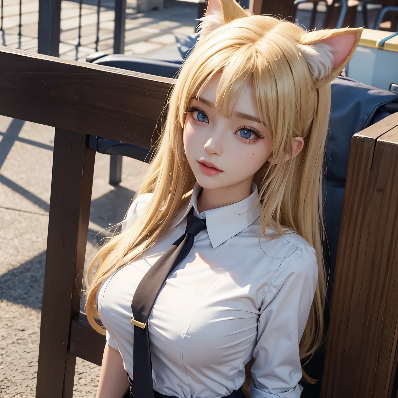 Beautiful drawn 3D girl in a school uniform with blond hair and cat ears with large bare breasts
