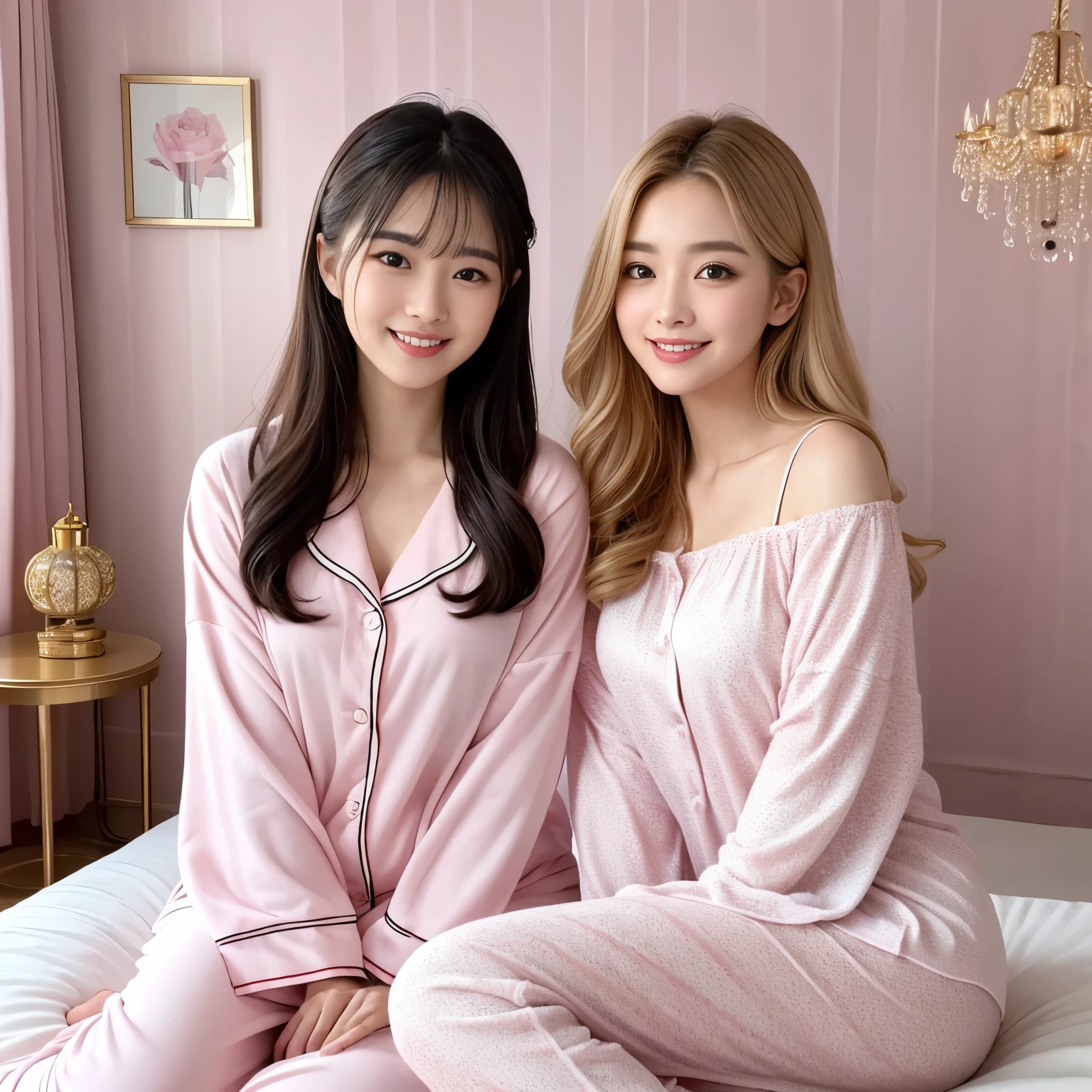 (highest quality、table top、8k、best image quality、Award-winning work)、Japan and half Spanish beauty、pajamas that are too big for her、Parker Pajamas、Thick pajamas in the middle of winter、oversized cotton pajamas、very thick blanket pajamas、White, light blue and pink pastel pajamas、分厚いfluffy pajamas、White pajamas with light blue and pink stripes、very thick brushed pajamas、fluffy pajamas、Mokomoko pajamas、soft chest、chest bulge、sitting on the bed in a cute room、(Pastel colored fairy tale room:1.1)、blurred background、(A cute and intricately decorated dream room:1.1)、(High quality beautiful luxury curtains:1.1)、pink roses in a vase、(luxury bed with luxurious decoration:1.1)、pink and light blue wall、(beautifully decorated walls:1.1)、Luxury bed with elegant decoration、perfect makeup、long eyelashes、the biggest smile looking at me、(The most natural and perfect interior:1.1)、(Super high-resolution lustrous, fair-skinned skin:1.1)、Ultra-high resolution face、super high resolution hair、Super high resolution sparkling eyes、Super high resolution glossy lips、(very brightly illuminated fair skin:1.1)、Beautiful face drawn in great detail、Super high resolution perfect beautiful teeth、very bright and vivid、(accurate anatomy:1.2)