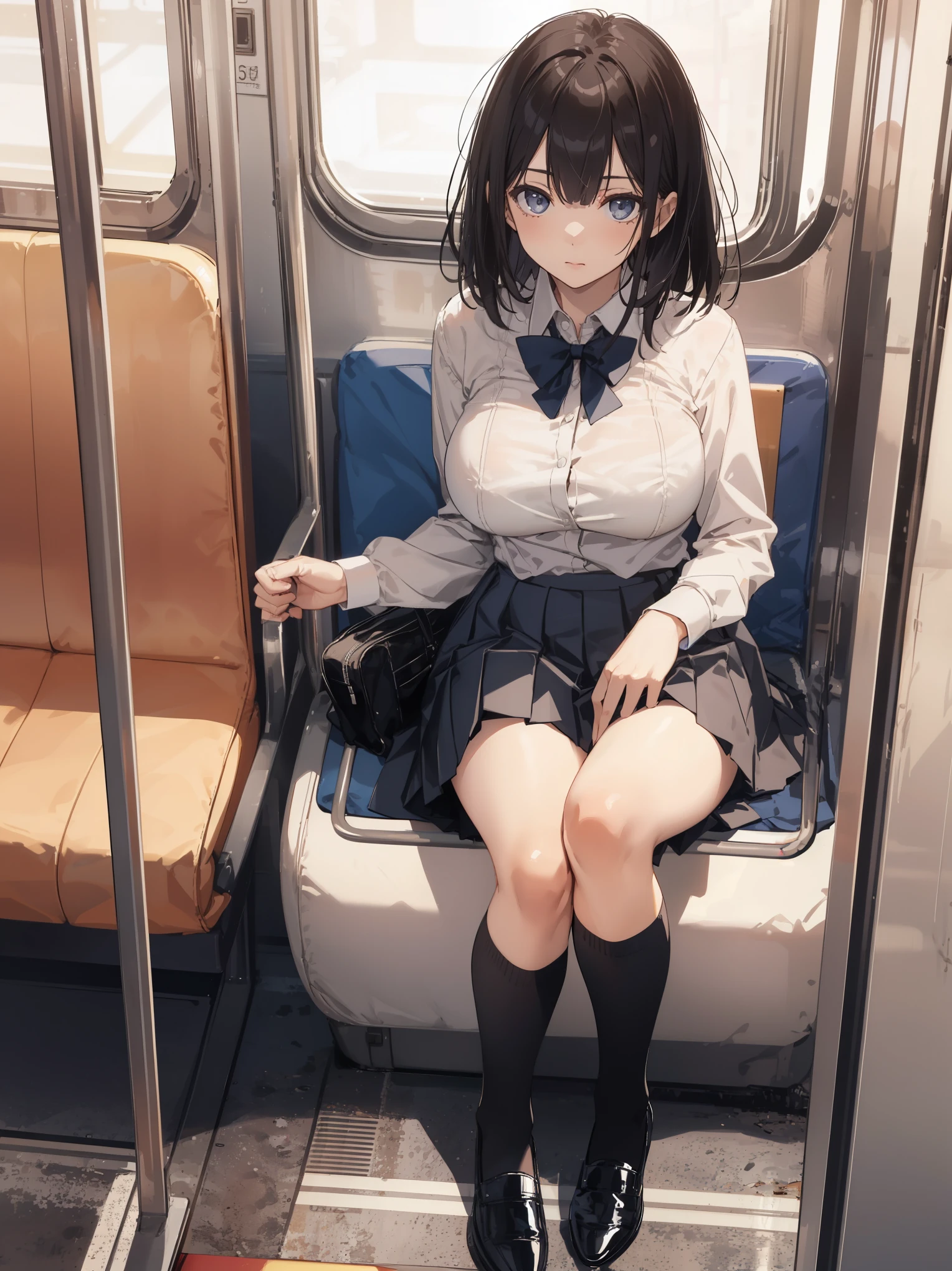 1 woman, thighs, sitting on train, school uniform, realistic, raw photo, white shirt, pleated skirt, black short socks, roafer, medium hair, bangs, looking at viewer, best quality, large breast, (squeezing breast),