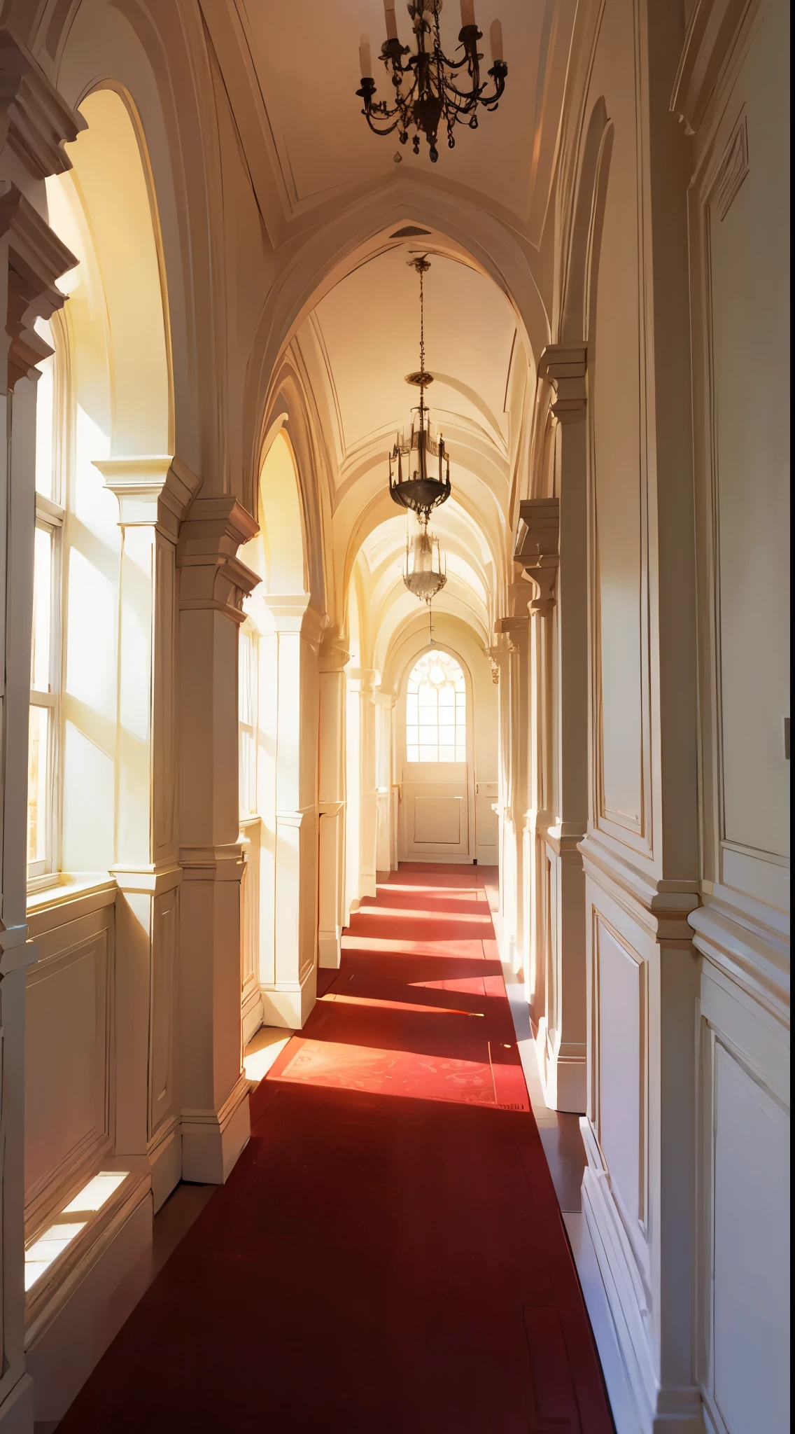 a chic hallway with red carpet, windows