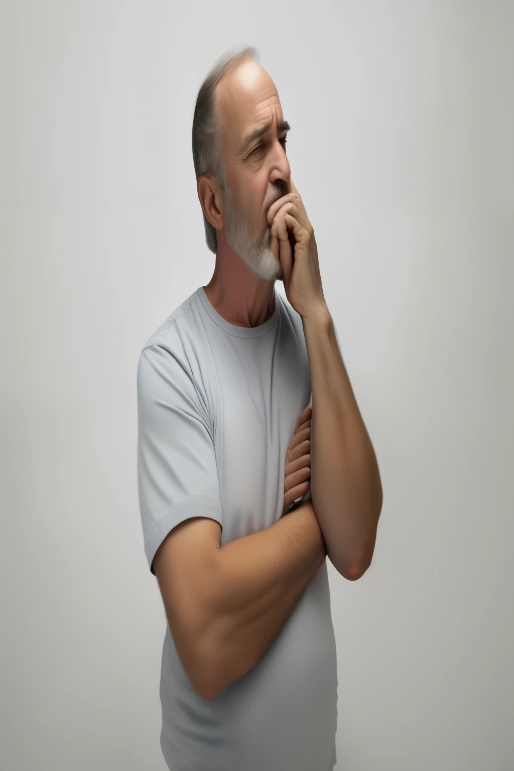 Caucasian adult man with little hair, and gray hair and beard, with his hand on his face making an expression of doubt