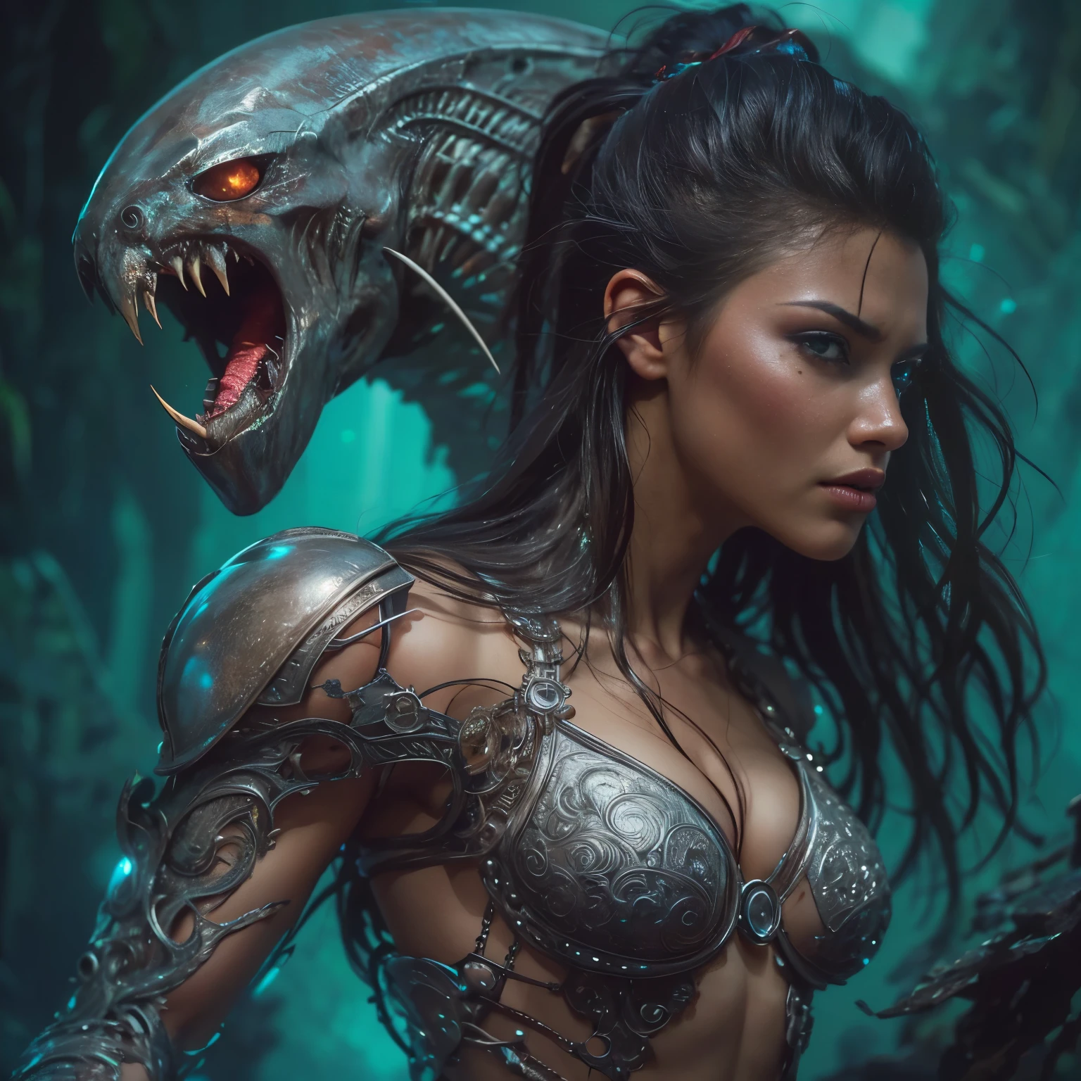 1 female alien, The predator, warrior, (extremely beautiful:1.2), (intense gaze:1.6), (predator:1.6), long dark claws, NSFW, nipples, thick eyebrows, glowing and shining blue eyes, the most beautiful face in the universe, ((There is a female genital-like organ in the middle of her forehead:1.1)),
A woman with an extremely beautiful face, her intense gaze fixed on her prey, a primal force that could not be denied.
(extreamly beautiful lean body:1.5), (ultra muscular build:1.2), (prowling:1.3), (sleek movements:1.4),
Her beautiful body, muscular and toned, moved with sleek grace as she prowled, ready to strike at a moment's notice. The predator within her was always on