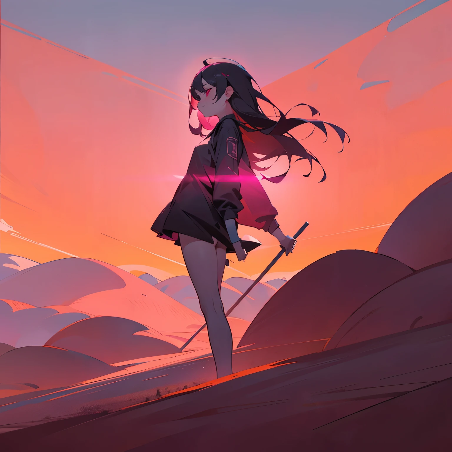 a sunset and a pink line in the desert in the style of ominous vibemonochromatic artworks,felicia simion,digital art techniques light black and magenta,tumblewavelight black and orange--q2--s750--v 5., naked girl.