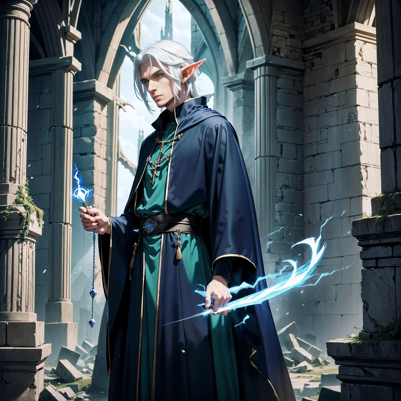 a handsome young man, Wearing dark blue priest robes、Tall male elf magician with white hair and green eyes,Raise your staff and prepare to cast a spell,Facing the broken tower made of stone bricks.