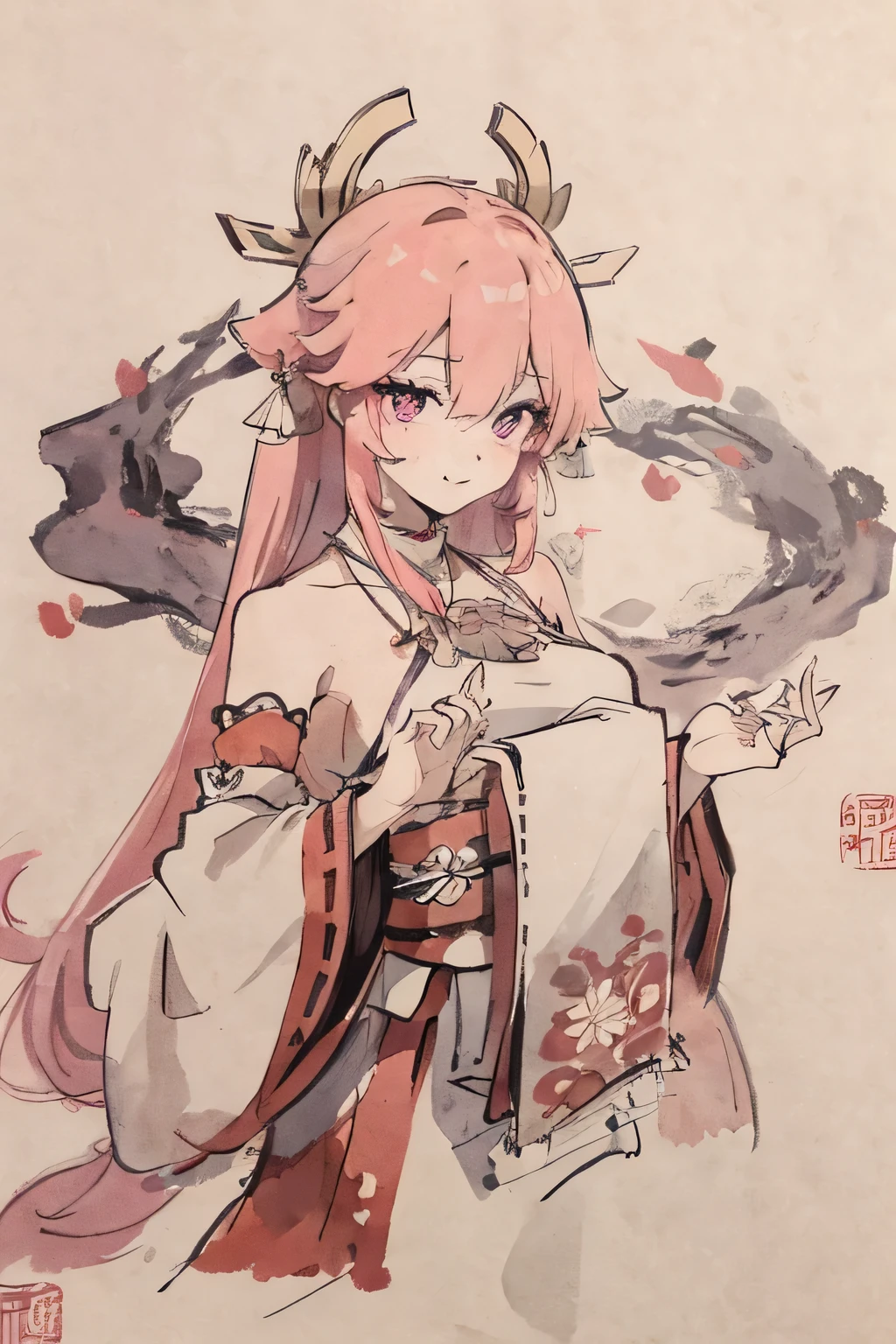 (masterpiece, best quality: 1.2), Chinese traditional ink painting, pink hair, purple eyes, Yae Shrine Maiden,