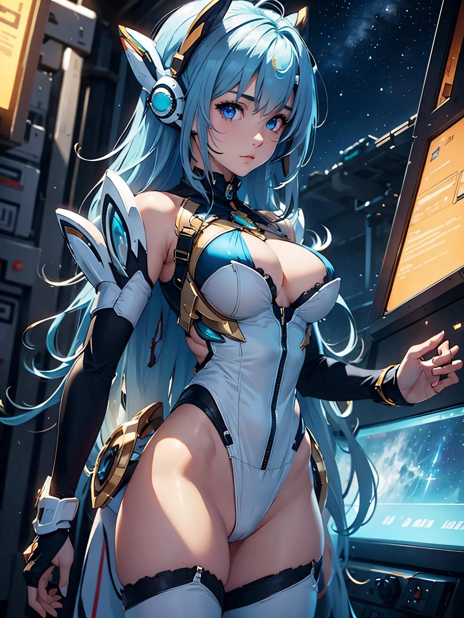 (masterpiece:1.3), (8K、photorealistic, Raw photo, best quality:1.4), (solo), one girl, (((kos-mos))), beautiful face, Beautiful face with perfect symmetry, cute face, (beautiful light blue long hair), With bangs, beautiful purple eyes, perfect anatomy, (high detail skin: 1.2), natural breast, beautiful thighs, Natural buttocks, white costume, Stars and planets can be seen in outer space, standing on the deck of a spaceship, perfect lighting, focus only, perfect anatomy,Front view,