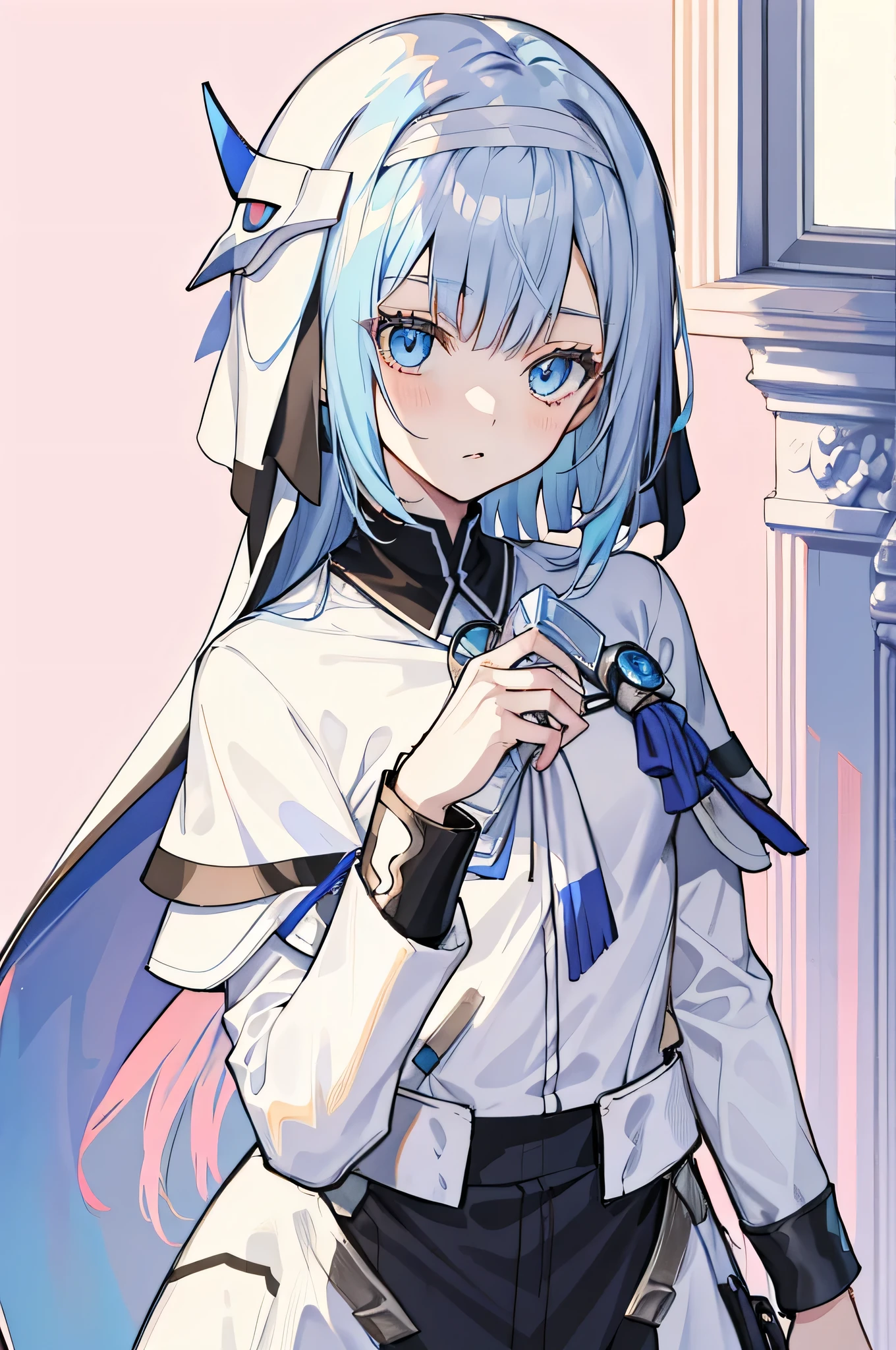 （masterpiece, highest quality:1.2)Blue-haired people，white hat，blue eyed girl 1，the only person，adorable，Elysia hot，Pale pink background,wearing a nun&#39;s costume,