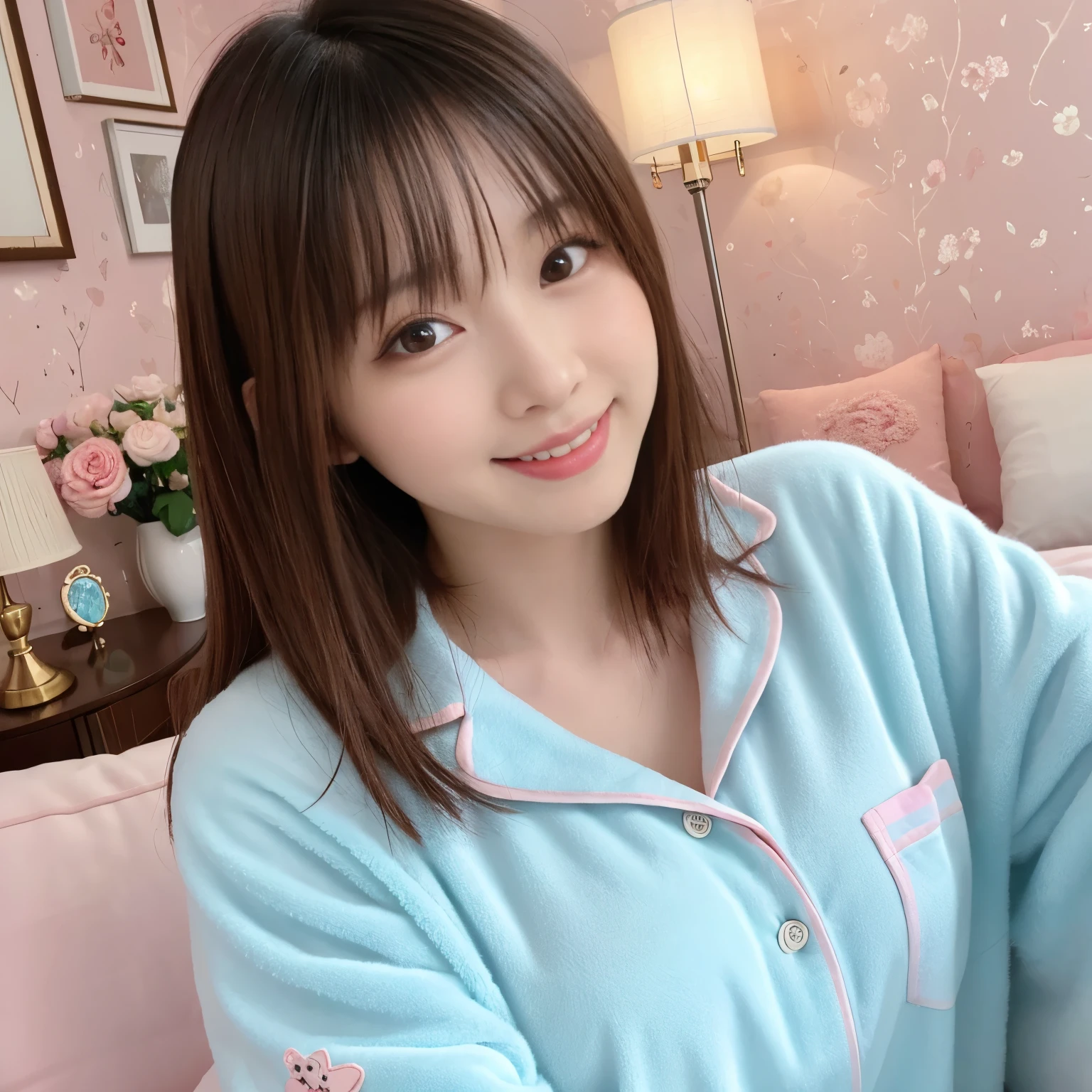 (highest quality、table top、8k、best image quality、Award-winning work)、Japan and half Spanish beauty、pajamas that are too big for her、Parker Pajamas、Thick pajamas in the middle of winter、oversized cotton pajamas、very thick blanket pajamas、White, light blue and pink pastel pajamas、分厚いfluffy pajamas、White pajamas with light blue and pink stripes、very thick brushed pajamas、fluffy pajamas、Mokomoko pajamas、soft chest、chest bulge、Huge bed in a cute room、(Pastel colored fairy tale room:1.1)、blurred background、(A cute and intricately decorated dream room:1.1)、(High quality beautiful luxury curtains:1.1)、pink roses in a vase、(luxury bed with luxurious decoration:1.1)、pink and light blue wall、(beautifully decorated walls:1.1)、Luxury bed with elegant decoration、perfect makeup、long eyelashes、the biggest smile looking at me、(The most natural and perfect interior:1.1)、(Super high-resolution lustrous, fair-skinned skin:1.1)、Ultra-high resolution face、super high resolution hair、Super high resolution sparkling eyes、Super high resolution glossy lips、(very brightly illuminated fair skin:1.1)、Beautiful face drawn in great detail、Super high resolution perfect beautiful teeth、(very bright and vivid:1.2)、(accurate anatomy:1.2)