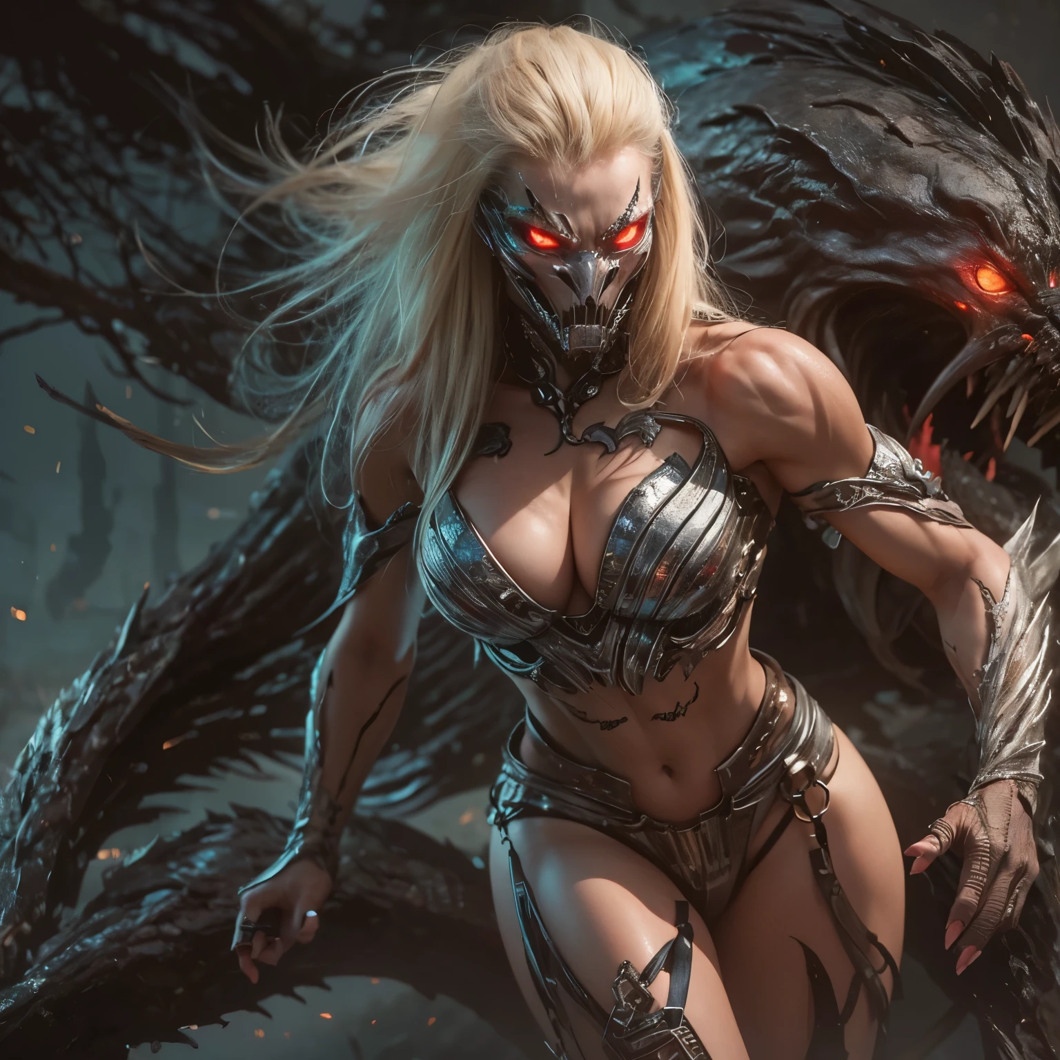 1 female alien, The predator, warrior, (extremely beautiful:1.2), (intense gaze:1.4), (predator:1.1), long dark claws, NSFW, nipples, thick eyebrows, glowing and shining red eyes, the most beautiful face in the universe, platinum blonde,
A woman with an extremely beautiful face, her intense gaze fixed on her prey, a primal force that could not be denied.
(extreamly beautiful lean body:1.5), (ultra muscular build:1.2), (prowling:1.3), (sleek movements:1.4),
Her beautiful body, muscular and toned, moved with sleek grace as she prowled, ready to strike at a moment's notice. The predator within her was always on