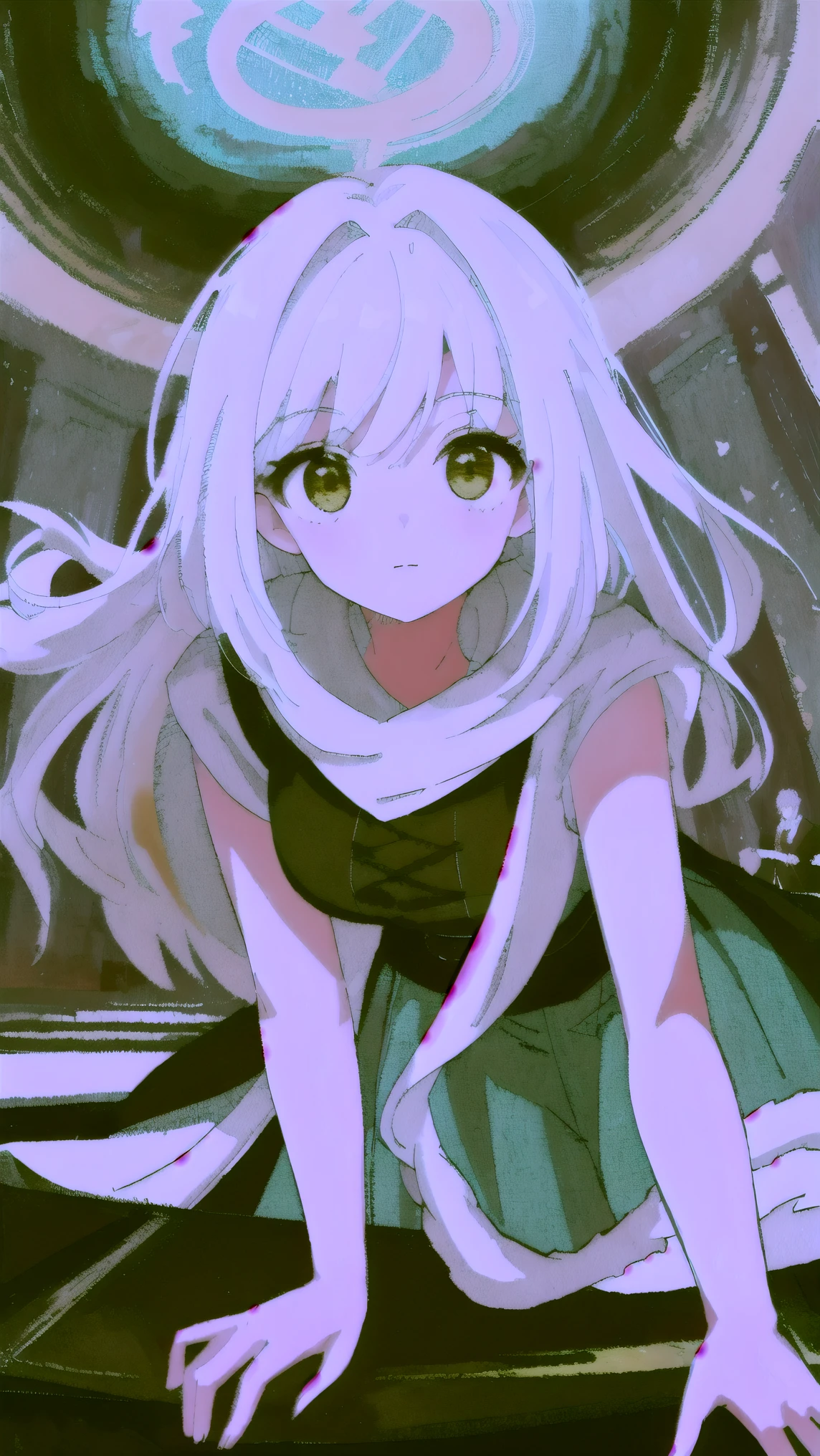 ((highest quality)), ((masterpiece)), (be familiar with), perfect face、最高masterpiece、high resolution、Beautiful white haired girl, fluffy, slightly long、perfect yellow eyes、leaning forward、heavenly light、halo、screen、aura、Soft warm colors、lightly dressed、young lady
