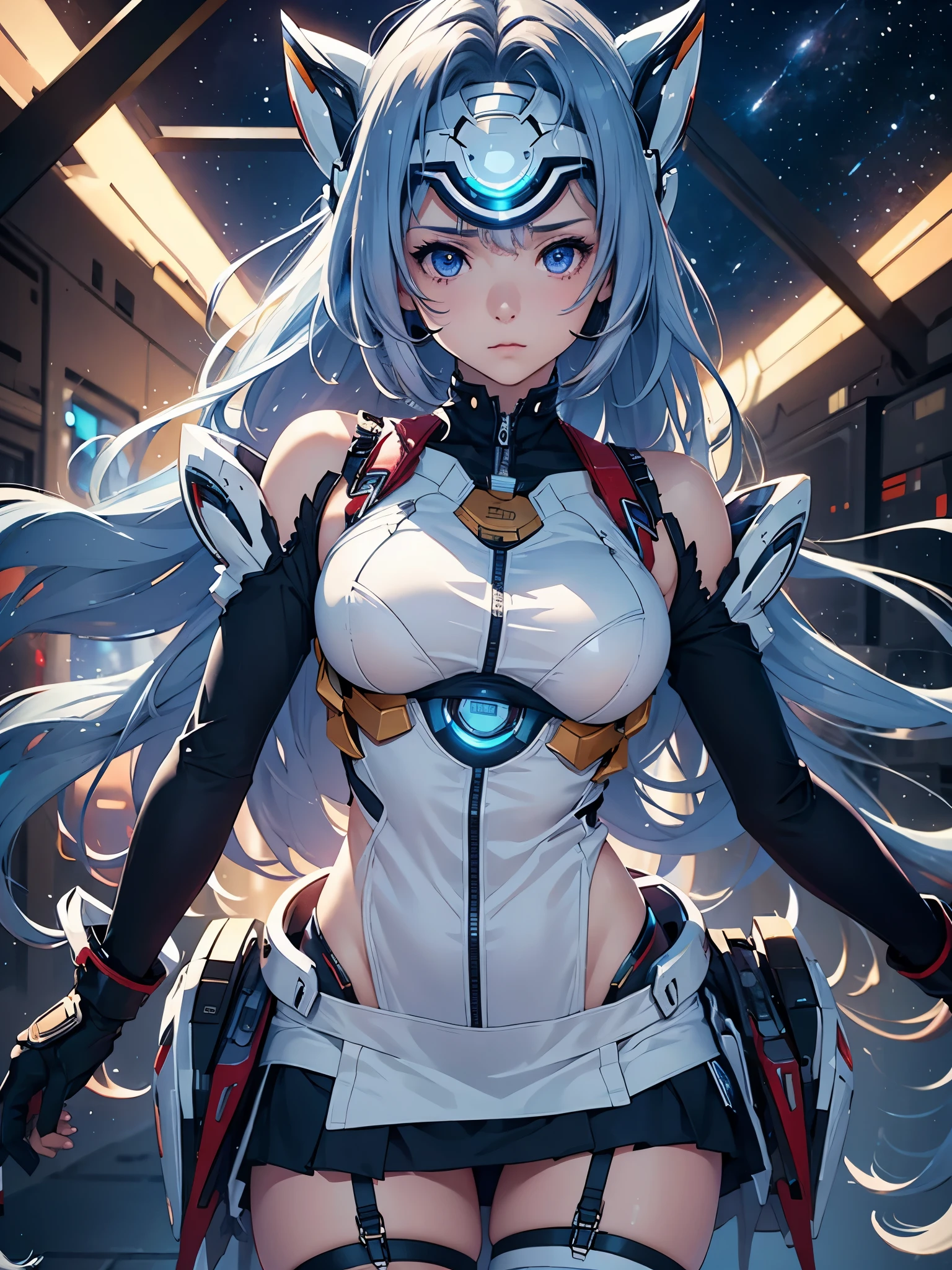 (masterpiece:1.3), (8K、photorealistic, Raw photo, best quality:1.4), (solo), one girl, (((kos-mos))), beautiful face, Beautiful face with perfect symmetry, cute face, (beautiful light blue long hair), With bangs, There is a visor on the forehead, beautiful purple eyes, perfect anatomy, (high detail skin: 1.2), natural breast, beautiful thighs, Natural buttocks, white costume, mini skirt, costume with open chest, Stars and planets can be seen in outer space, standing on the deck of a spaceship, perfect lighting, focus only, perfect anatomy,Front view,