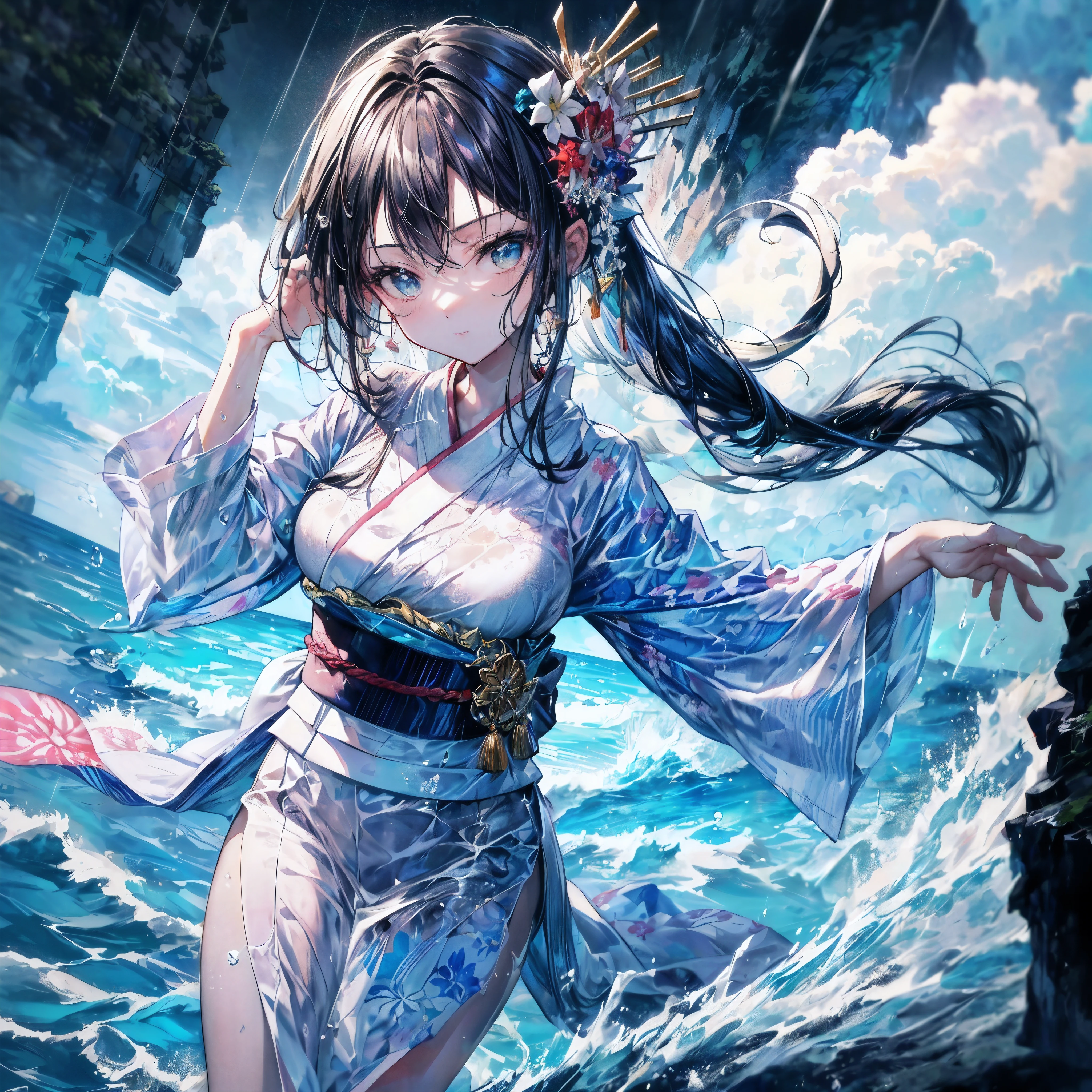 (best qualtiy、Extremely fine、CG synthetic 8k wallpaper with extreme detail:1.5),The black-haired mermaid descends on the rushing water,180 cm high,A flame is being sprayed,Behind is a dreamy peach blossom,The Blood Moon is about to rise。