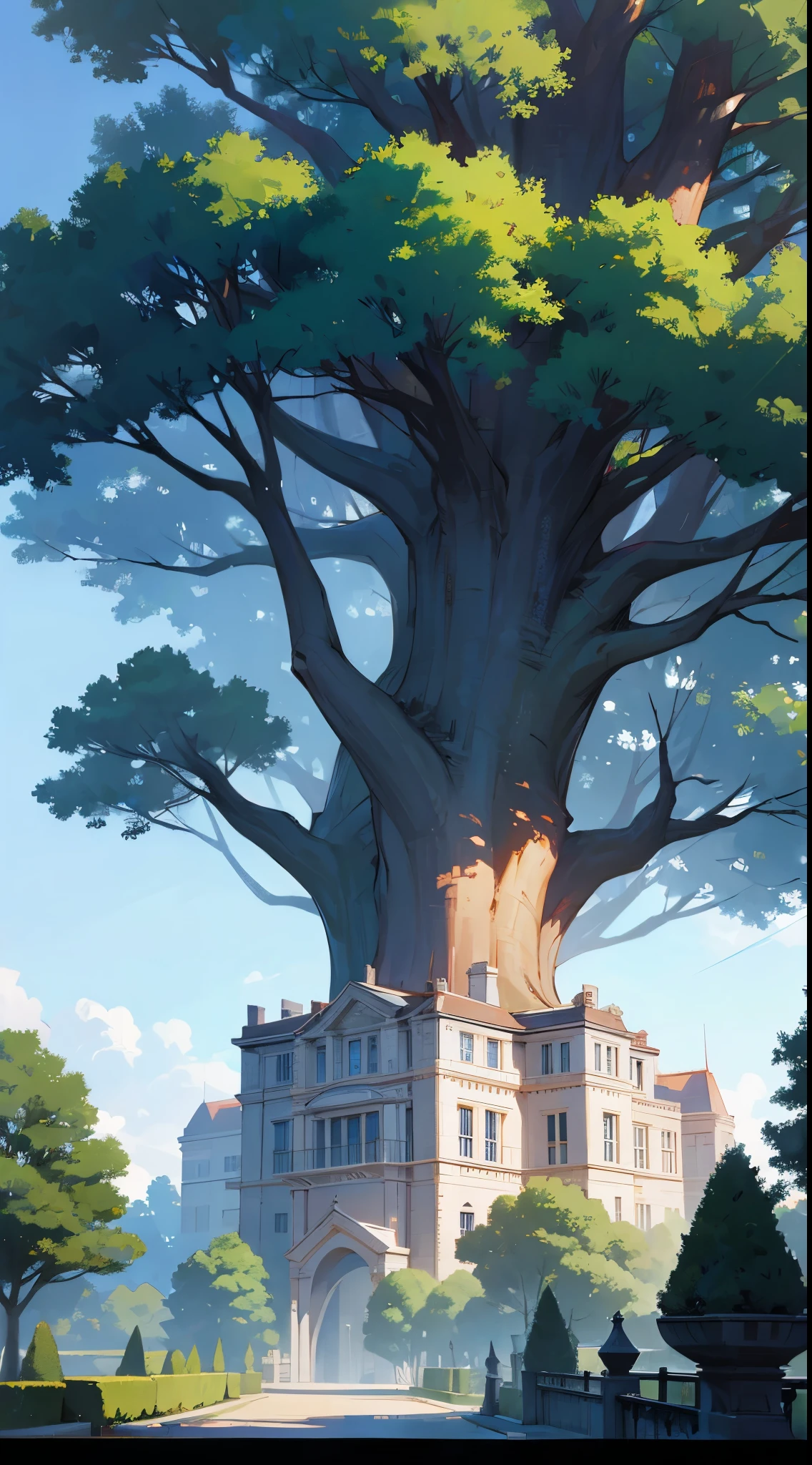 a mansion with a huge tree behind it in a city, day