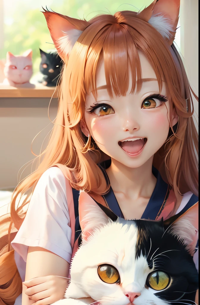 Cat、anime style、round eyes、Ninmari、heart pattern in the eyes、Lot、open your mouth and laugh、wide angle of view