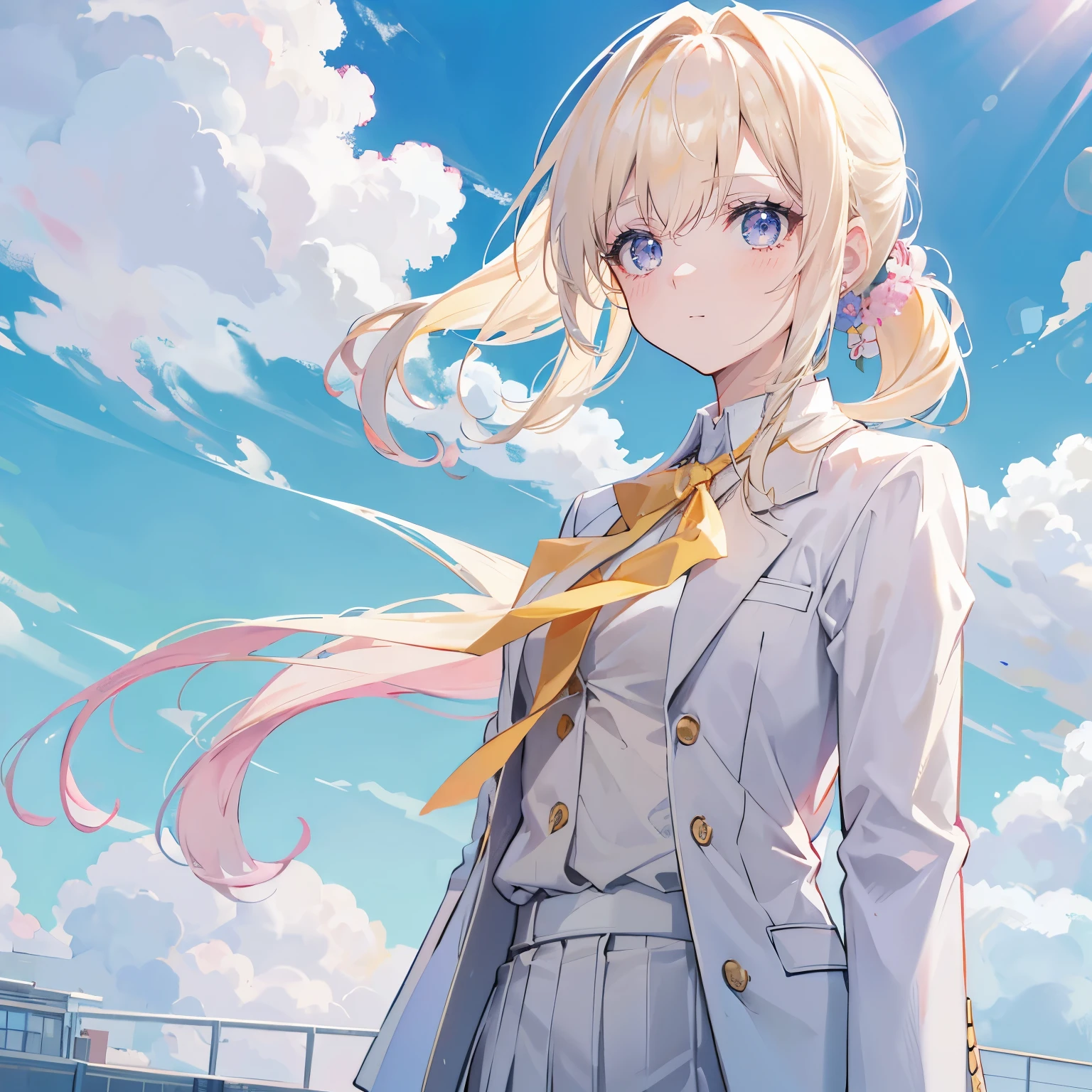 light hair,light hair,light hair,pink eyes,Ponytail hairstyle,girl,cute,wearing a suit,The background is school,Blue sky and white clouds