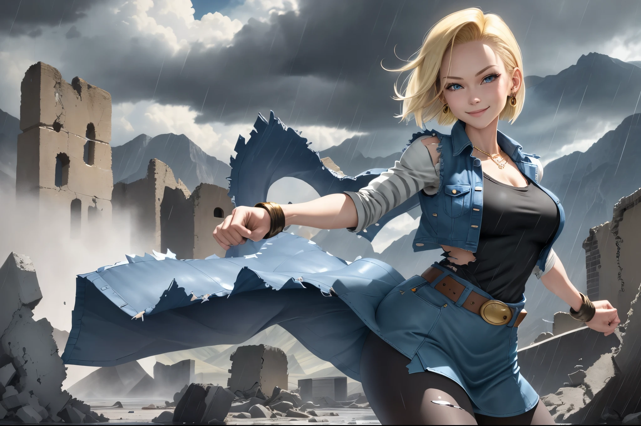 best quality, highres, and18, 1girl, android 18, solo girl, blonde hair, blue eyes, belt, boots, tight blue demin skirt, gold necklace, black shirt, short hair, long striped sleeves, earrings, open vest, denim vest, medium breasts, cowboy shot, mountains, straight-on, (weather: raining and windy), sexy smile, full length pantyhose, battle ruins, wide hips, thick legs, torn clothes, closed fists, sexy stance,
