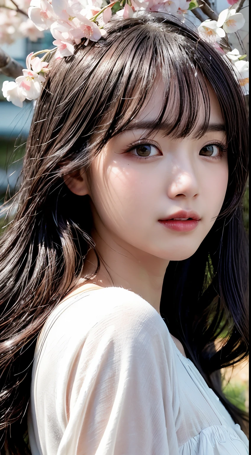 (logo、masterpiece、8K、table top、RAW photo、wonderful、最high quality、フォトリアリスティックでvery detailedな CG 統合 8k 壁紙、high quality、very detailed、narrative poem、particle effects、dynamic effects、Depth of the bounds written、cinematic light、Lens flare、ray tracing)、fantasy、 (1 beautiful woman、dress、dress、cherry blossom pattern、black haired、beautiful face、real face、beautiful details eyes beautiful skin)、髪がWindで踊る、Hair flutters in Wind、hair jump、pink cherry tree、petals dance、SakuraFubuki、wonderful景色、sunrise、sun on background、Wind、