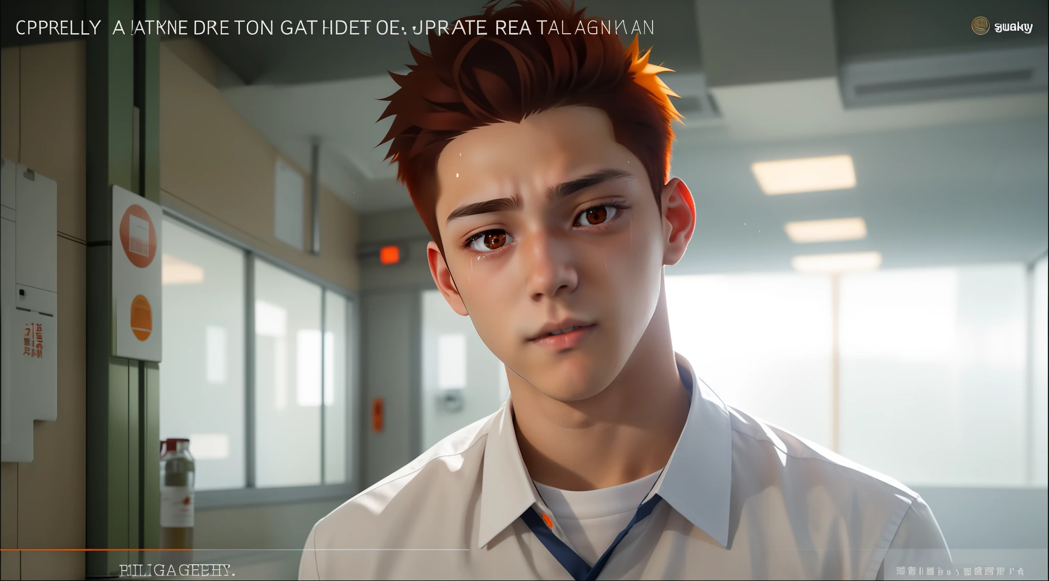 young student 18 year old man is haggard with red eyes from crying he is sad and angry orange hair orange eyes he is drunk he has drunk liquor