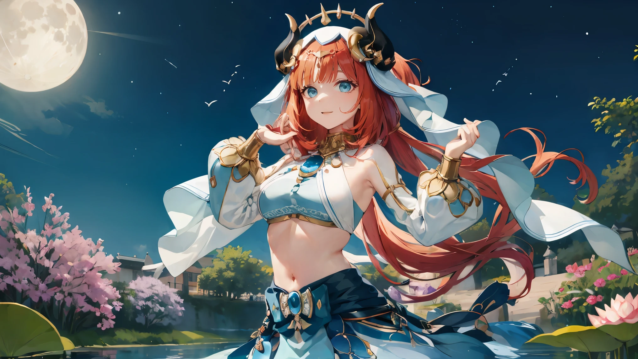 (Realistic drawing style:1.1), Masterpiece, Best quality, to the Nile (neither flower nor mist) (Genshin&#39;s influence),against the background of a pond and lotus flowers, sea green eyes, to the Nile (Genshin&#39;s influence), fake horns, 1 girl, One, reD hair, veil, smile, moon, long hair, crop top, Jewelry, horns, night, , brooch, long sleeves, puffy long sleeves, I look at the viewer, skirt, bang, ponytail, water, Puffy sleeves, sky, Neck ring, open mouth, :D, full moon, night sky, flower, harem outfit, bang, hand up, Breast, hoop, outDoors, blue skirt, hair ornament, DetacheD sleeves, low ponytail, floating hair, gem, hair flower, blue , hanD up, Dancer, white heaDwear, small Breast,very long hair