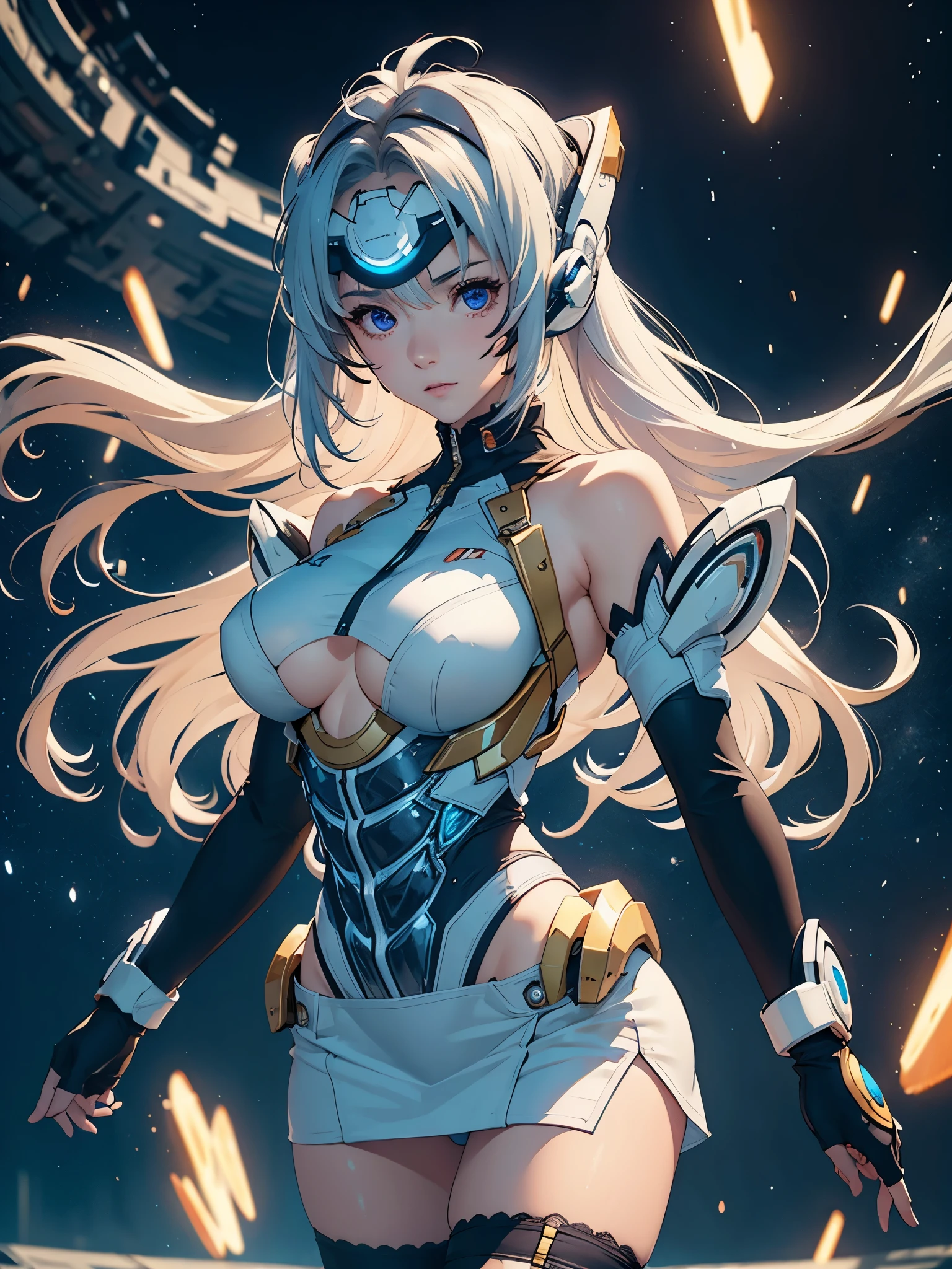 (masterpiece:1.3), (8K、photorealistic, Raw photo, best quality:1.4), (solo), one girl, (((kos-mos))), beautiful face, Beautiful face with perfect symmetry, cute face, (beautiful light blue long hair), With bangs, There is a visor on the forehead, beautiful purple eyes, perfect anatomy, (high detail skin: 1.2), natural breast, beautiful thighs, Natural buttocks, white costume, mini skirt, costume with open chest, Stars and planets can be seen in outer space, standing on the deck of a spaceship, perfect lighting, focus only, perfect anatomy,Front view,