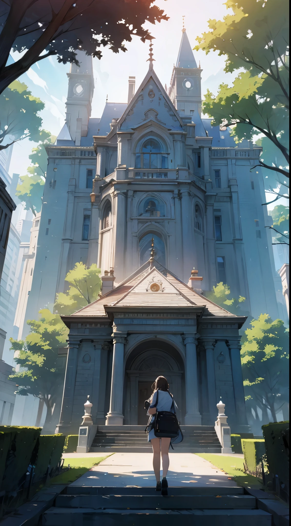 a mansion with a huge tree behind it in a city, day
