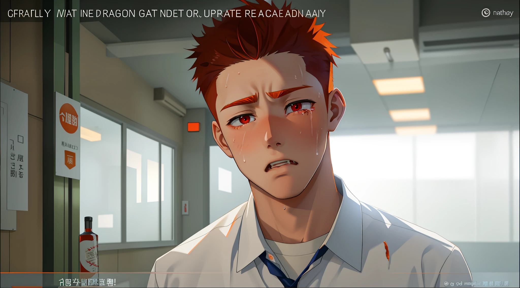 young student 18 year old man is haggard with red eyes from crying he is sad and angry orange hair orange eyes he is drunk he has drunk liquor