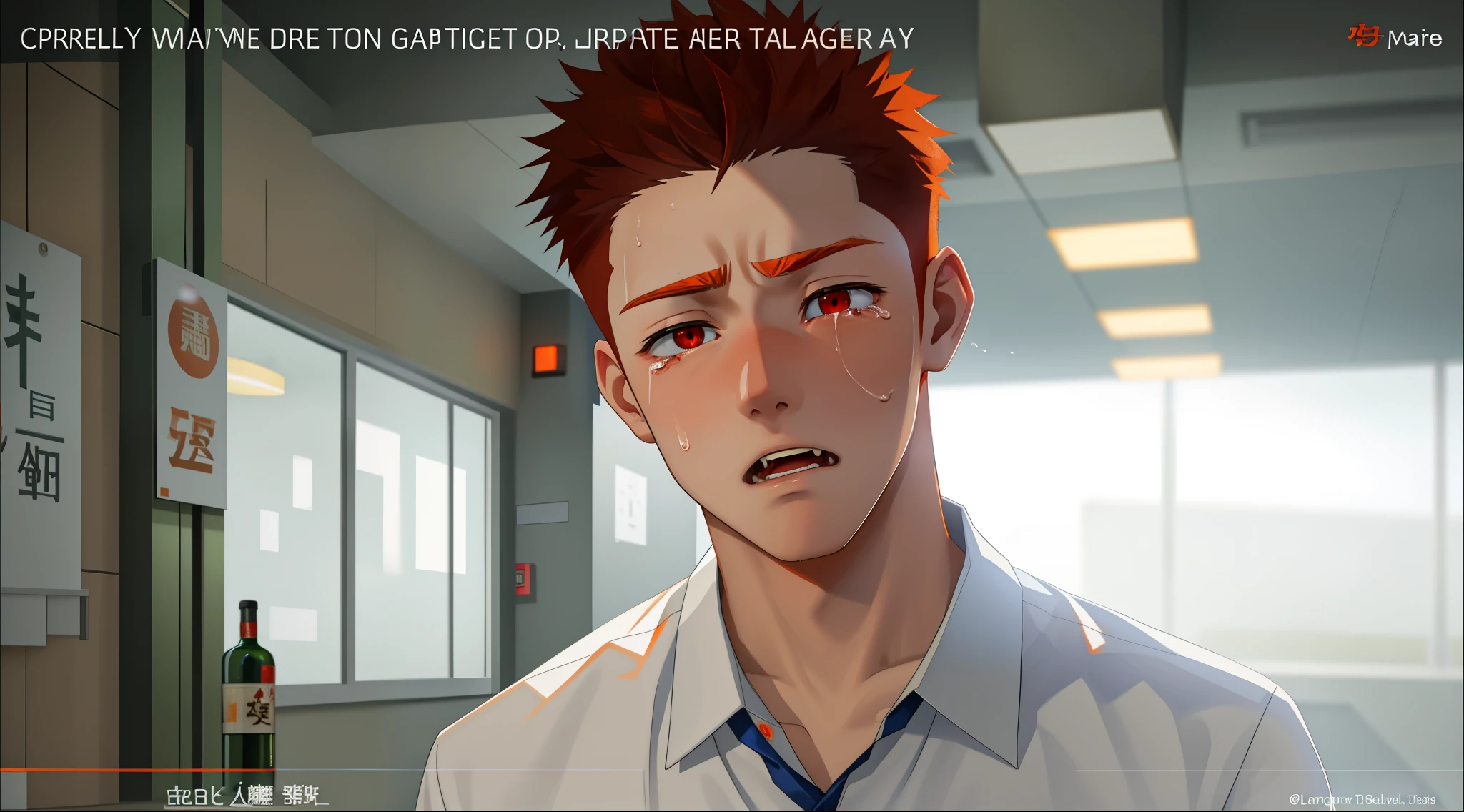 young student 18 year old man is haggard with red eyes from crying he is sad and angry orange hair orange eyes he is drunk he has drunk liquor