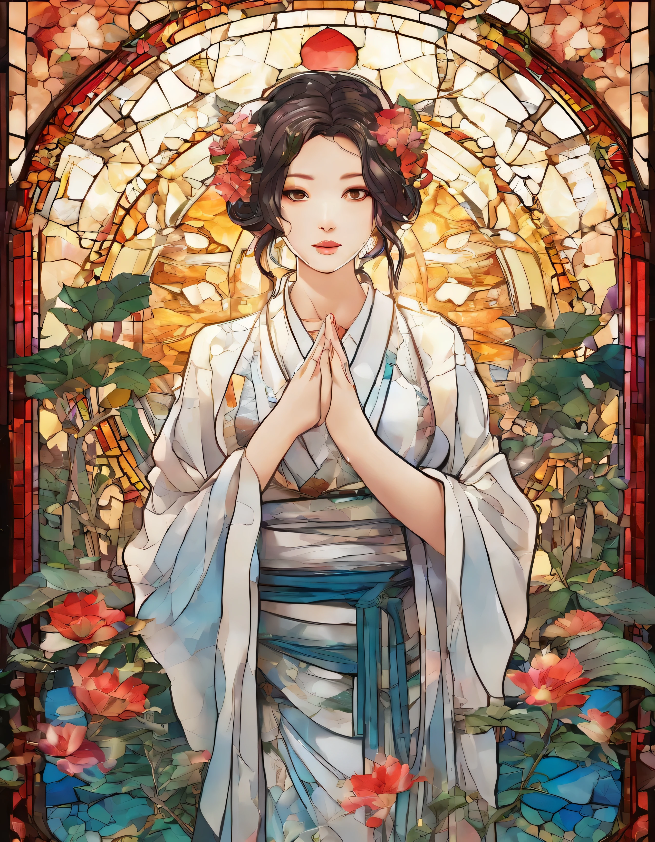 Dessin 3D d'art numérique, réaliste. Une belle fille japonaise porte une robe ample avec le nom "Léena" sur son t-shirt, avec la moitié de son corps hors du trou dans l'eau craquelée, debout, avec des feuilles luxuriantes, des éclaboussures d'eau, des éclats et des fissures se propagent autour d'elle, avec son corps bouillant des chaînes en or provoquant un très bel effet, un fond d'eau fissuré, avec un flash rouge au milieu du numérique 3D