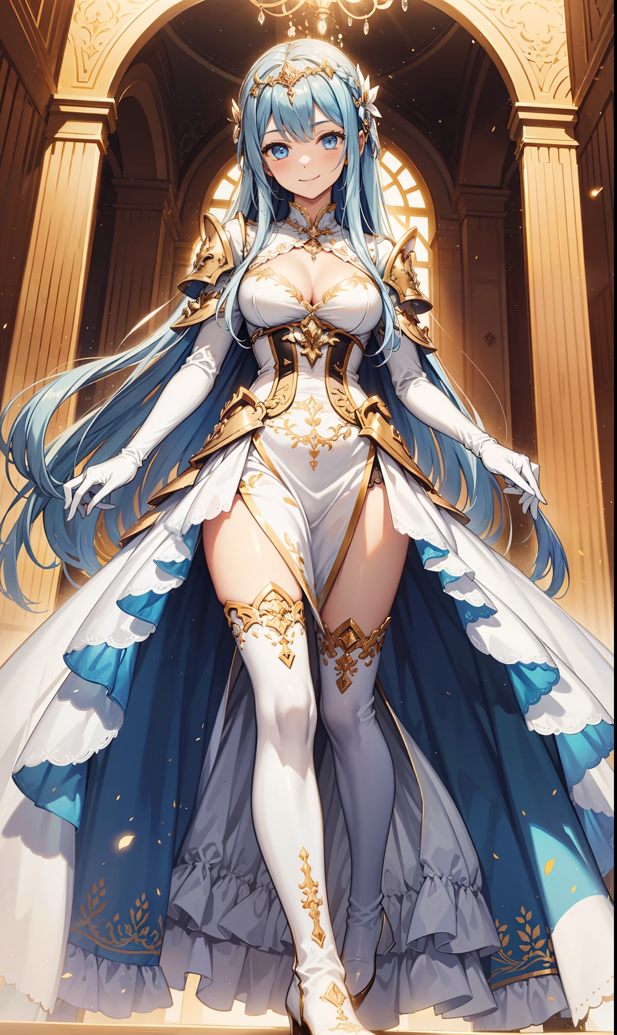 Sentinel of Heaven,Elegant and charming,charm,in love,(Fantasy world transparent white dress),black gloves,silver hair,Smile,blue eyes,Intricately designed clothes,armor,Exotic decoration,Exquisite hair accessories,Transparent lace,Sky blue pattern,light stripes,dress nicely,indoor,night,Carved suspender boots,Super super details,holy mist,light particles,Exquisite and beautiful eyes and face