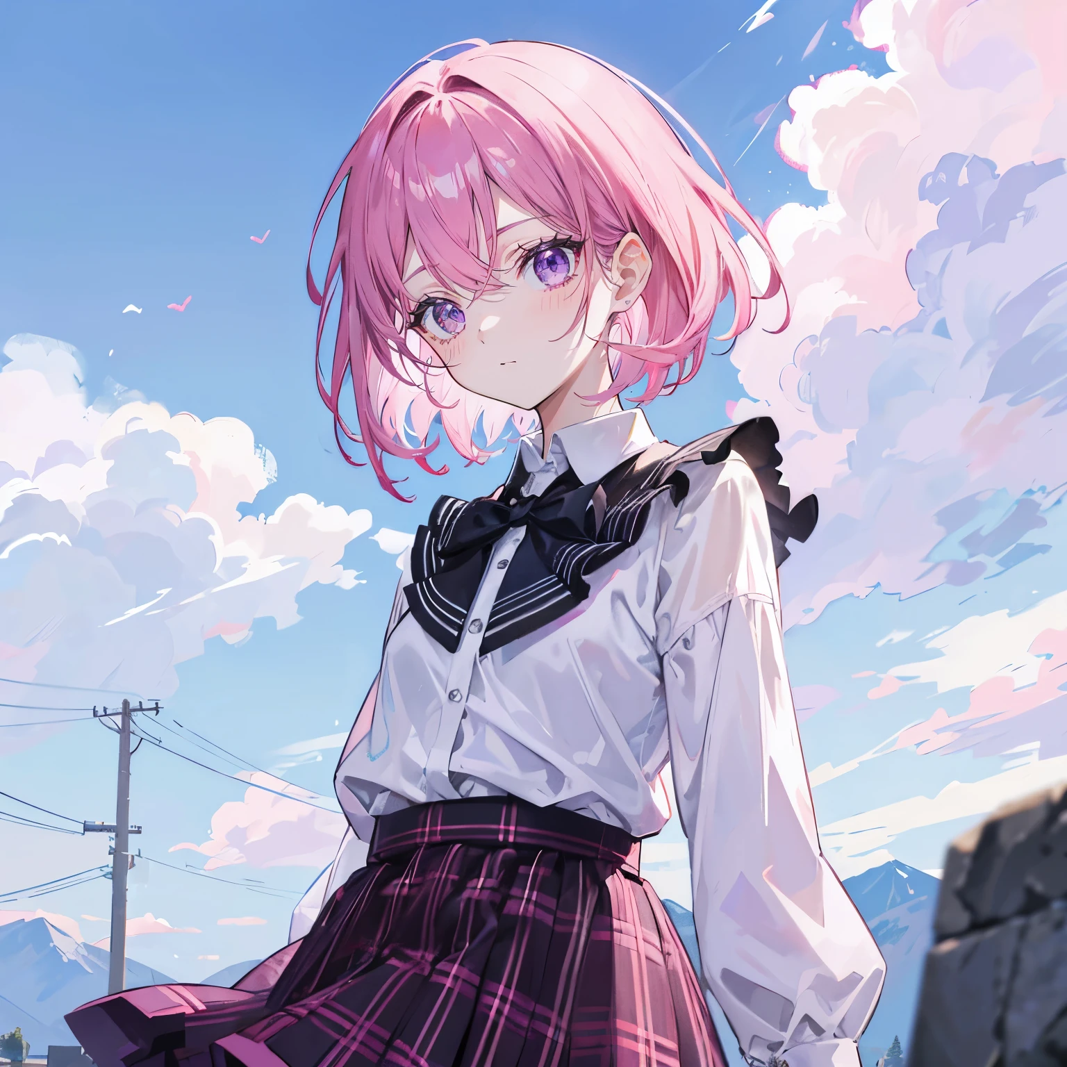 pink hair，purple eyes，short hair，sister head，Two black hairpins， Jk，Plaid skirt，The background is blue sky and white clouds