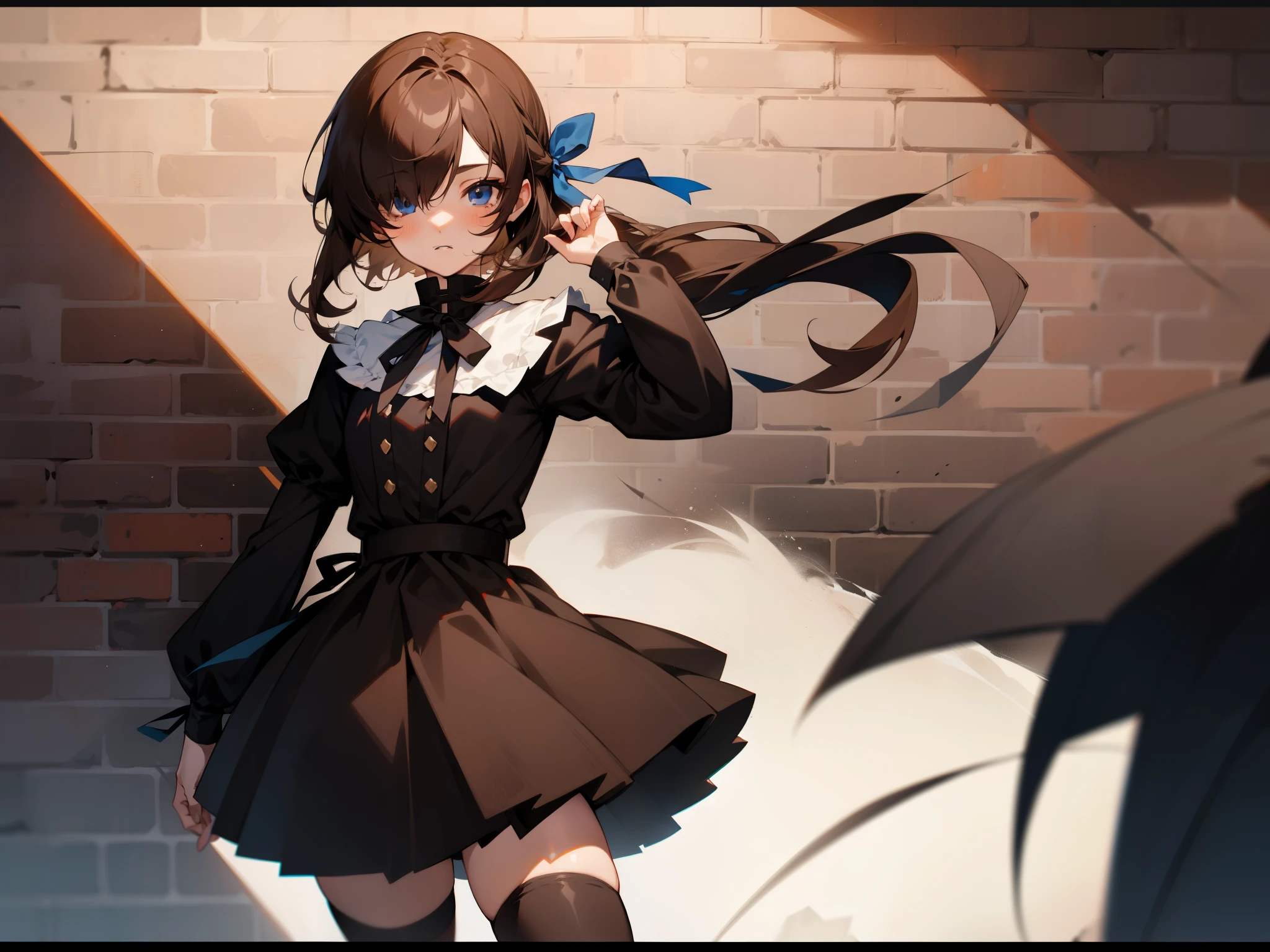 1boy, 1girl, black eyes, black hair, blue eyes, brick wall, brown hair, dress, hair over one eye, hair ribbon, long hair, ribbon, short hair, thighhighs, zettai ryouiki
