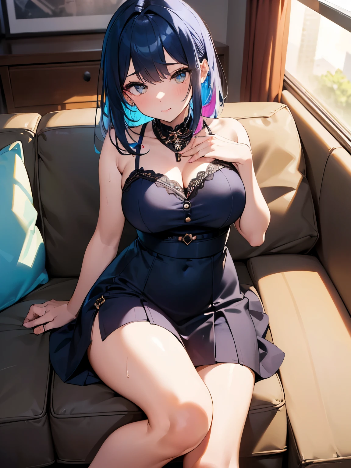 (masterpiece), best quality, (SHARP details), 4k, expressive eyes, SHARP detail expressive eyes, (SHARP detail perfect face), looking at viewer, ((idol)), ((colorful idol dress)), (sweat), big breasts, (dark blue hair), sitting, couch, (full body shot), (two tone hair), (view from front), indoors, office room, (idol agency), (agreeing to prostitution),