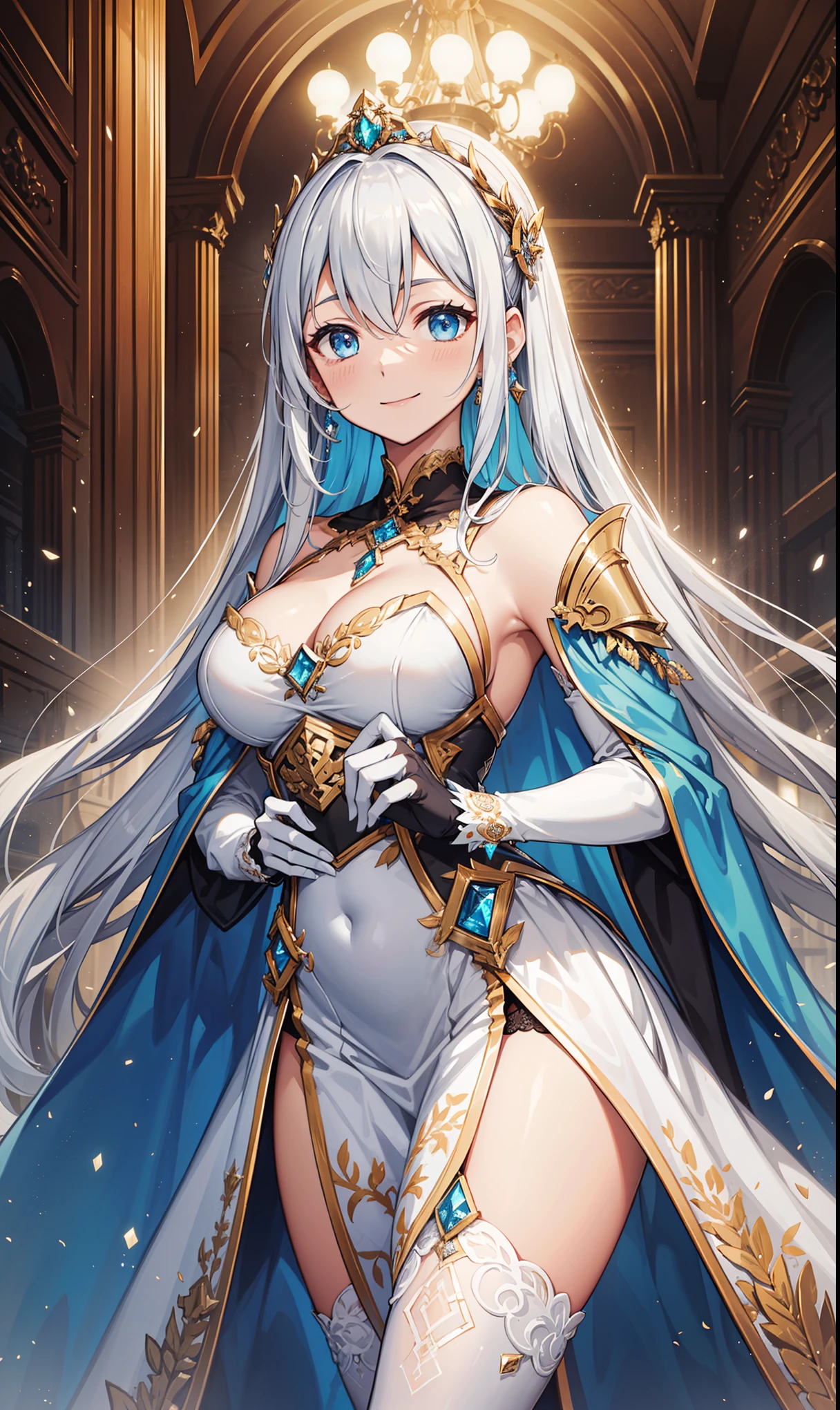 Sentinel of Heaven，Elegant and charming，charm，in love，(Fantasy world transparent white dress)，black gloves，silver hair，Smile，blue eyes，Intricately designed clothes，Lots of composite armor，gem，carving，Exotic decoration，Exquisite hair accessories，Transparent lace，Sky blue pattern，light stripes，dress nicely，indoor，night，Carved suspender boots，Super super details，holy mist，light particles，Exquisite and beautiful eyes and face