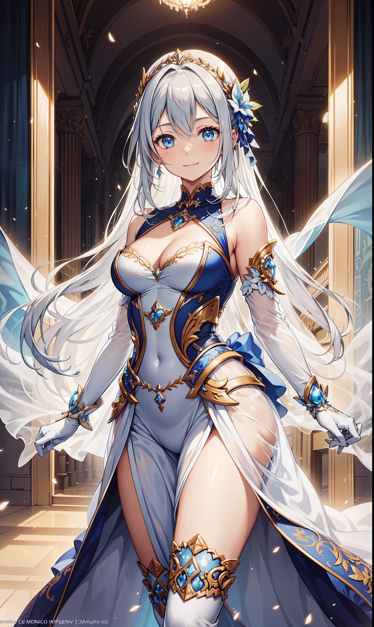 Sentinel of Heaven,Elegant and charming,charm,in love,(Fantasy world transparent white dress),black gloves,silver hair,Smile,blue eyes,Intricately designed clothes,Lots of composite armor,gem,carving,Exotic decoration,Exquisite hair accessories,Transparent lace,Sky blue pattern,light stripes,dress nicely,indoor,night,Carved suspender boots,Super super details,holy mist,light particles,Exquisite and beautiful eyes and face