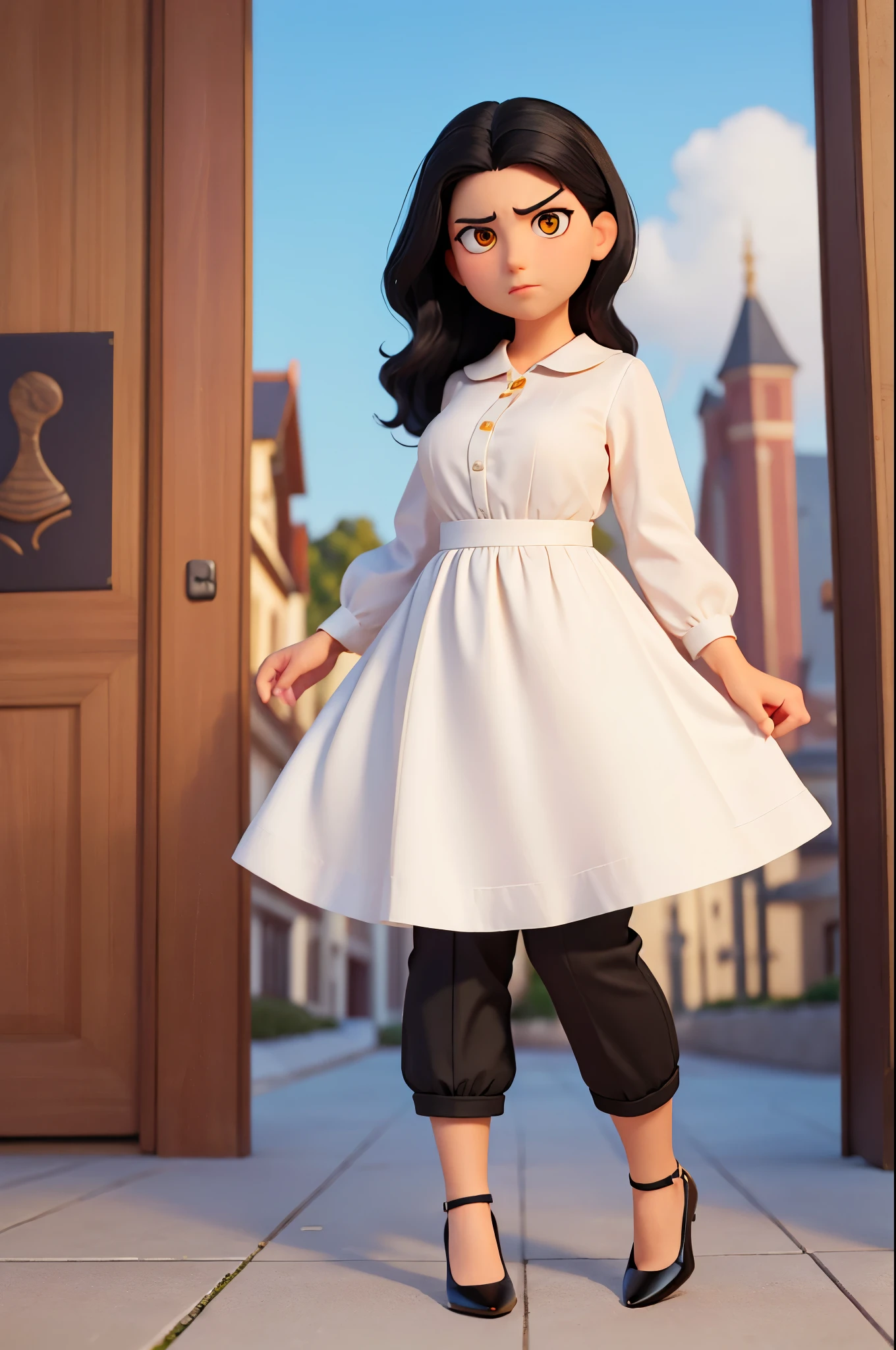 a woman named Elaine, young, serious, elegant and wise, with long, wavy dark black hair, combed to the side, very yellow eyes, slightly slanted eyes, almond-shaped eyes, subtly chubby cheeks and a medium-sized mouth, with a medium body with cotton pants. dress black, white blouse and black bra, red heels, disney pixar style