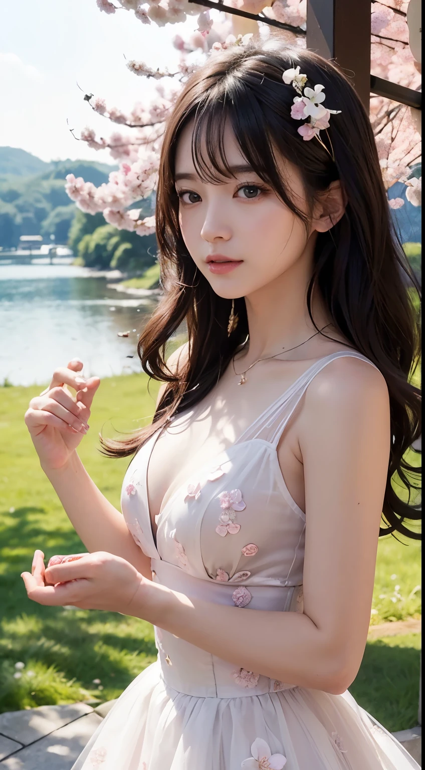(logo、masterpiece、8K、table top、RAW photo、wonderful、最high quality、フォトリアリスティックでvery detailedな CG 統合 8k 壁紙、high quality、very detailed、narrative poem、particle effects、dynamic effects、Depth of the bounds written、cinematic light、Lens flare、ray tracing)、fantasy、 (1 beautiful woman、dress、dress、cherry blossom pattern、black haired、beautiful face、real face、beautiful details eyes beautiful skin)、髪がWindで踊る、Hair flutters in Wind、hair jump、pink cherry tree、petals dance、SakuraFubuki、wonderful景色、sunrise、sun on background、Wind、