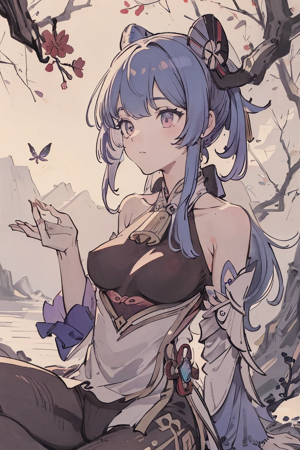 ((1 girl, alone)),masterpiece, best quality, portrait, Super detailed, illustration, close up, Gorgeous background, Direct light, blue hair, purple eyes, ((focus on face)), Looking into the distance, forest, sun, wind, Butterfly, studio lighting, Yokojin Zhang, tree, lake, sitting, employment \(Genshin Impact\), dual speakers, bare shoulders, bodysuit