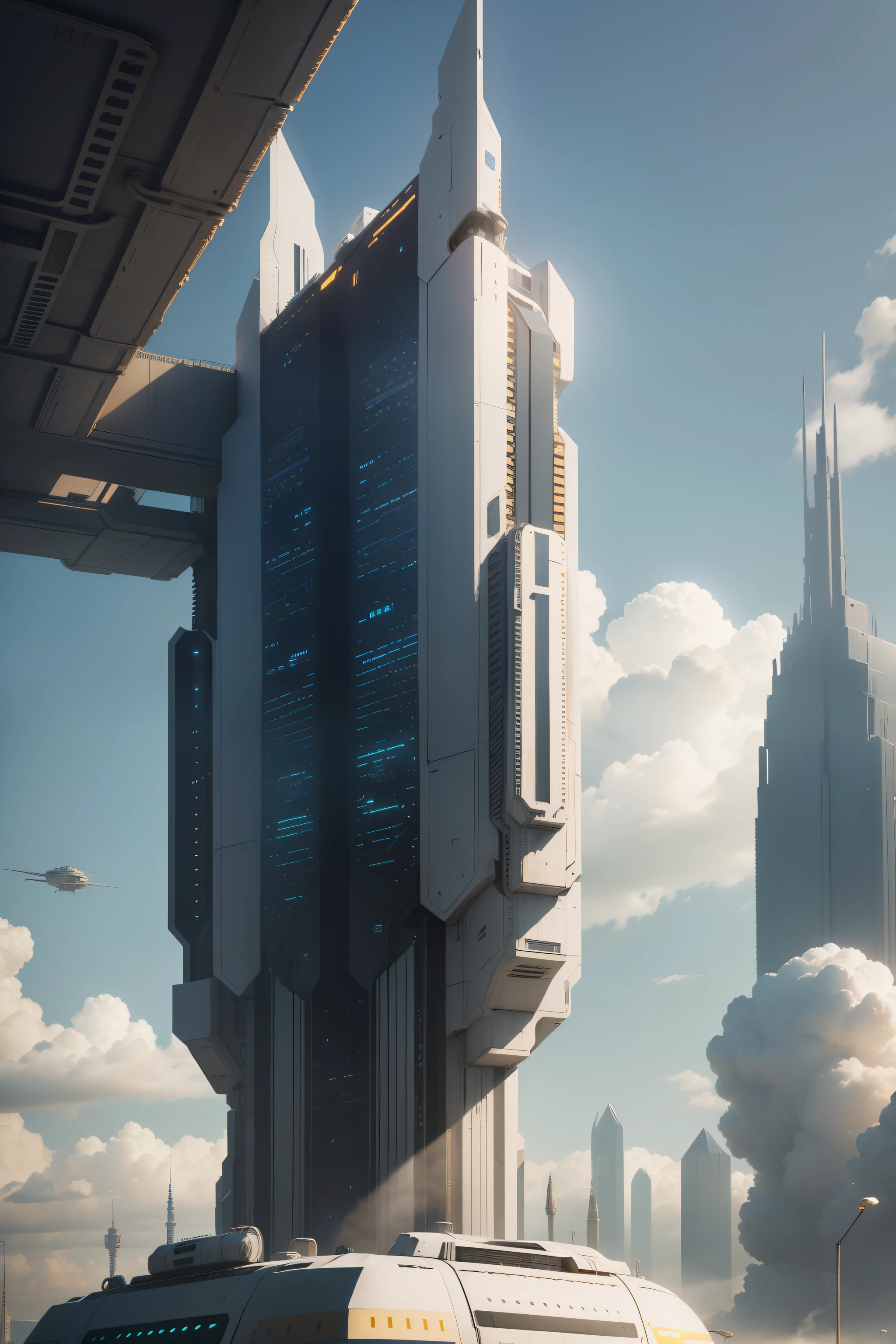 A futuristic science and technology scene., Metallic sci-fi metropolis architecture., No space with multiple spaceships flying., piezas destacadas, Complex structure and parts of walls and machines., conductos verticales y horizontales, metal pipes and tubes, Metallic Texture, clear day, sense of technology, strong contrast lighting, History in science and technology, Cielos azules, nubes blancas y 3D, Pegar fondo, High Definition, 8K, realismo, pintura mate, luz amarilla oscura