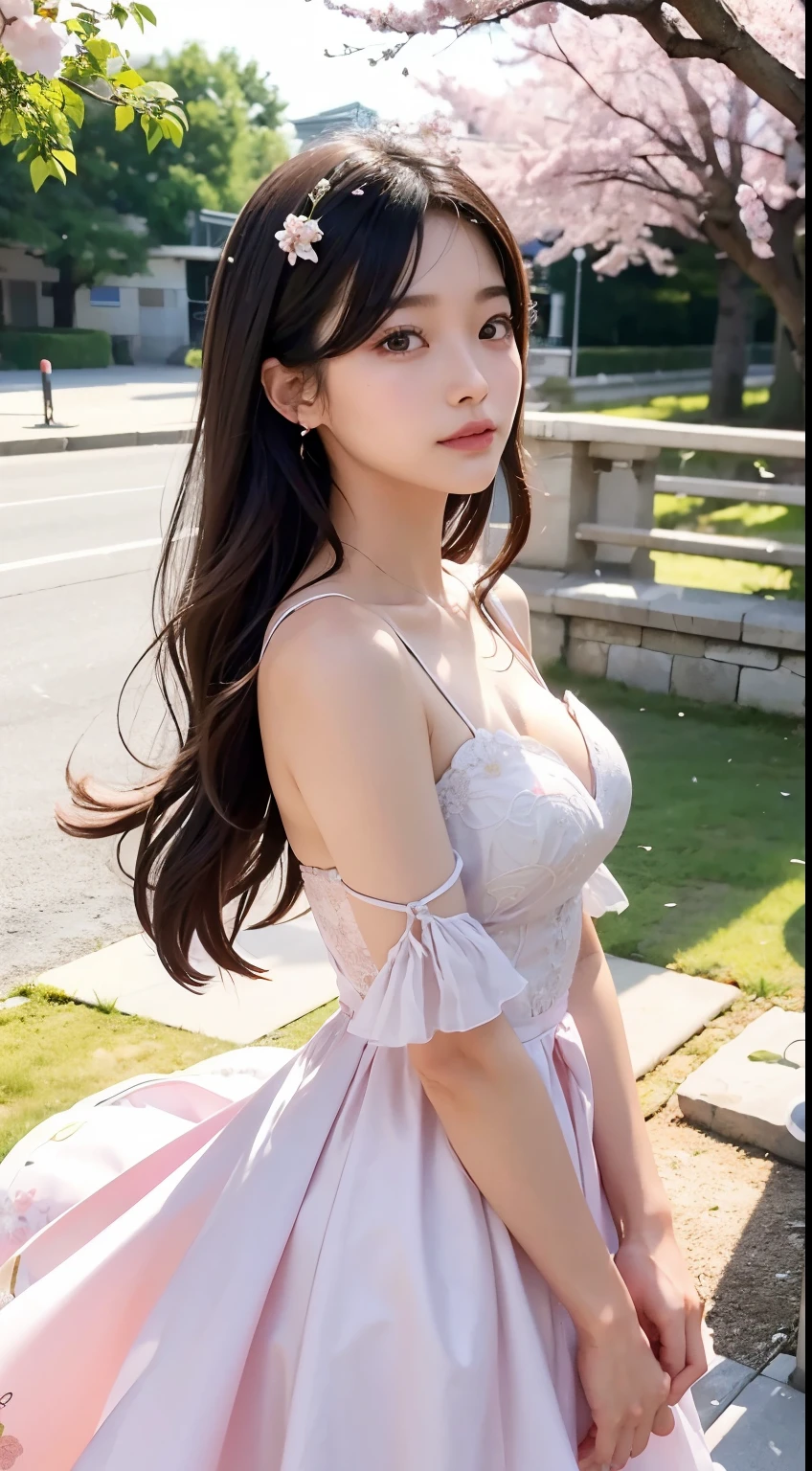 (logo、masterpiece、8K、table top、RAW photo、wonderful、最high quality、フォトリアリスティックでvery detailedな CG 統合 8k 壁紙、high quality、very detailed、narrative poem、particle effects、dynamic effects、Depth of the bounds written、cinematic light、Lens flare、ray tracing)、fantasy、 (1 beautiful woman、dress、dress、cherry blossom pattern、black haired、beautiful face、real face、beautiful details eyes beautiful skin)、髪がWindで踊る、Hair flutters in Wind、hair jump、pink cherry tree、petals dance、SakuraFubuki、wonderful景色、sunrise、sun on background、Wind、