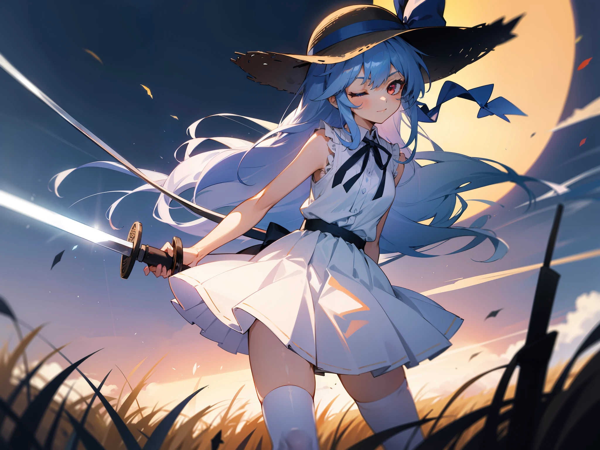 1girl, black ribbon, blue ribbon, blue skirt, collarbone, dress, dress shirt, floating hair, frilled skirt, hair ribbon, hat, holding, holding sword, holding weapon, long hair, looking at viewer, looking back, miniskirt, multiple views, neck ribbon, night, one eye closed, outdoors, pleated skirt, red eyes, ribbon, shirt, skirt, sleeveless, sleeveless dress, standing, straw hat, sun hat, sundress, sword, thighhighs, very long hair, weapon, white dress, white shirt, zettai ryouiki