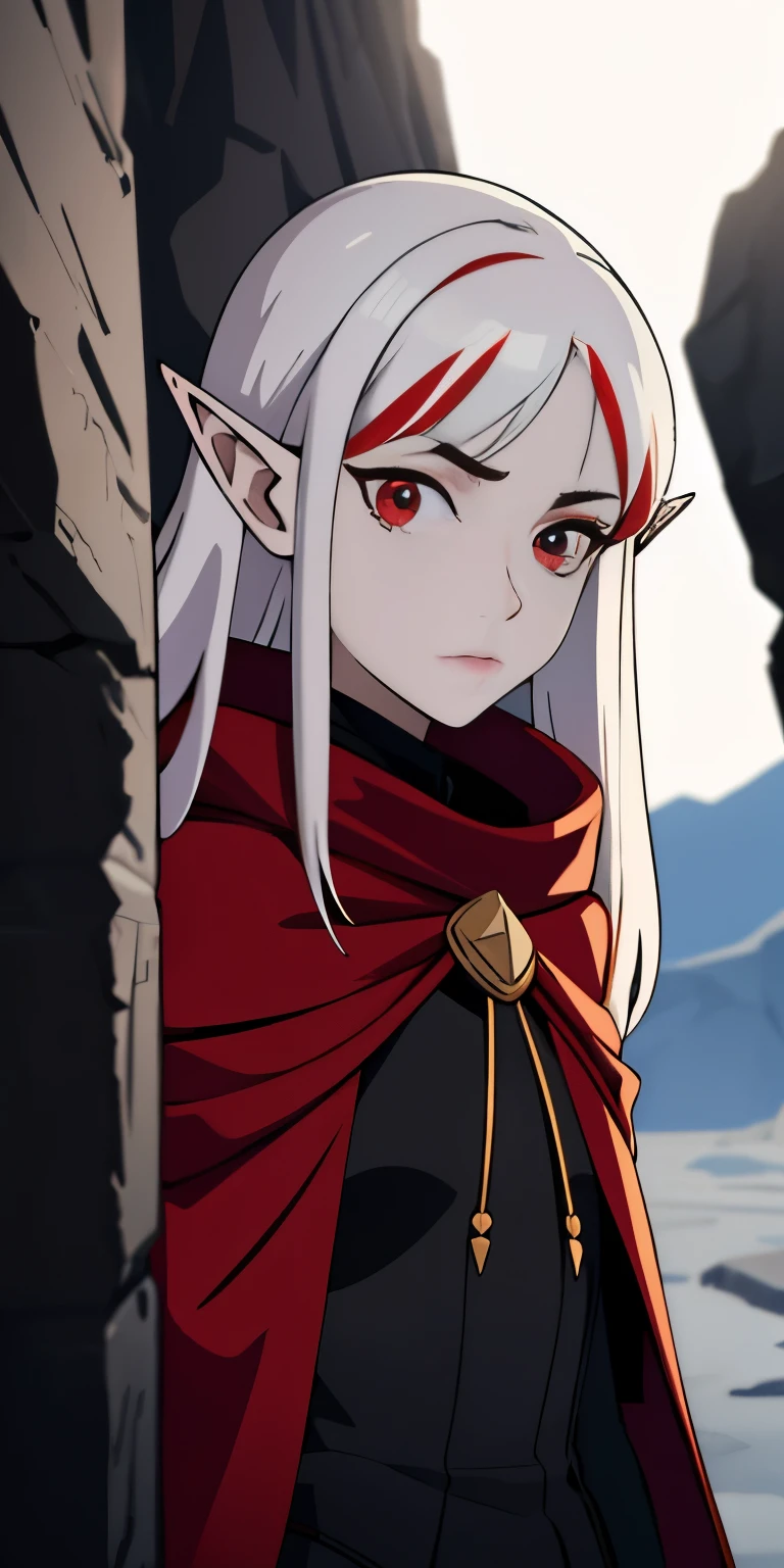 Masterpiece, 8k , best quality, dramatic lighting, 1  girl , thin, white skin, white and red multicolored hair, long hair,  elf ears, red eyes, lizard eyes, red eyeliner, intense eyes, eye focus, detailed eyes, looking at viewer, (black clothing), stealthy, dark red hooded cape, wearing rags, darkness, hiding among rocks