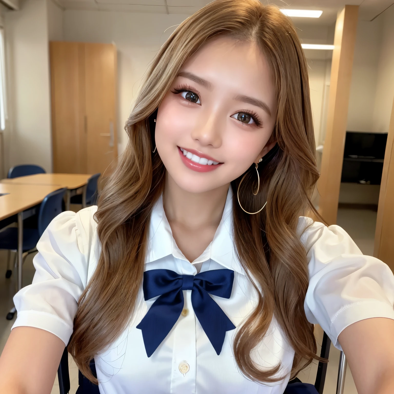 (highest quality、table top、8k、best image quality、Award-winning work)、1 beautiful 、blonde gal、long wavy hair、Bright color contacts、necklace、small precision earrings、exposed chest、high school uniform white shirt、The most natural and perfect shirt、navy pleated skirt、thin、cleavage、huge breasts、emphasize the bust line、accurate anatomy、the best smile when you look at me、The most natural and perfect high school classroom background、(Strongly blurred background:1.1)、(The most natural and authentic high school classroom interior:1.1)、(The most natural and perfect regular arrangement of desks and chairs:1.1)、perfect makeup、(Ultra high resolution gloss, fair skin:1.1)、Ultra-high resolution face、ultra high resolution hair、Super high resolution sparkling eyes、Super high resolution glossy lips、(Super high resolution perfect beautiful teeth:1.1)、(very brightly illuminated white skin:1.1)、Beautiful face drawn in every detail、photo from the chest up、close up of face