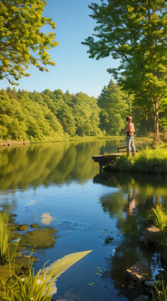 (A,boy,fishing,lake,outdoors,nature,serene,morning,sunrise,peaceful,water,ripple,bobber,angling,rod,reeling,boat,solitude,reflecting,tranquil,breeze)
(best quality,4k,8k,highres,masterpiece:1.2),ultra-detailed,(realistic,photorealistic,photo-realistic:1.37),HDR,UHD,studio lighting,ultra-fine painting,sharp focus,physically-based rendering,extreme detail description,professional,vivid colors,bokeh
landscape,serene scenery,artistic,lush vegetation,calm atmosphere
warm colors,golden light,intimate atmosphere,sun rays breaking through the clouds