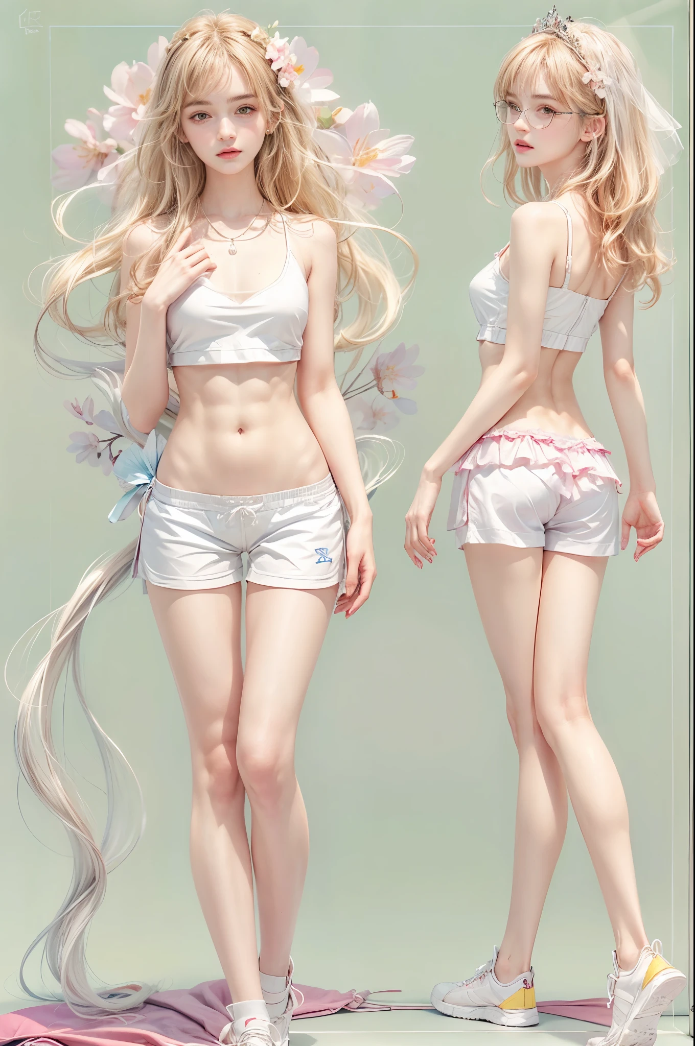 masterpiece, best quality, high quality, High definition, High quality texture, High quality shadow, high detail, beautiful detailed, finely detailed, extremely detailed cg, detailed texture, a realistic representation of the face, realistic, colorful, delicate, sharp focus, (intricate details, makeup, PureErosFace_V1:0.5), (detailed beautiful delicate face, detailed beautiful delicate eyes, a face of perfect proportion, high detailed skin, detailed skin, best ratio four finger and one thumb, skiny and thin:1.3), 1girl, 17 years old, tall, (smooth_abs:1.55), (abs:0.5), pretty, masterpiece, highres, (long_skinny_legs), (straight_legs), (skinny_waist), (((fair skin))), white skin, (((pale skin))), pink sports Bandeau, (school_uniform:swim_suits:0.5), white shorts, standing legs apart, looking at viewer, pink sports shoes, glasses, (Emma_watson), big_breast, (((Caucasian))), Light blonde hair, pink and white, sakura leaves