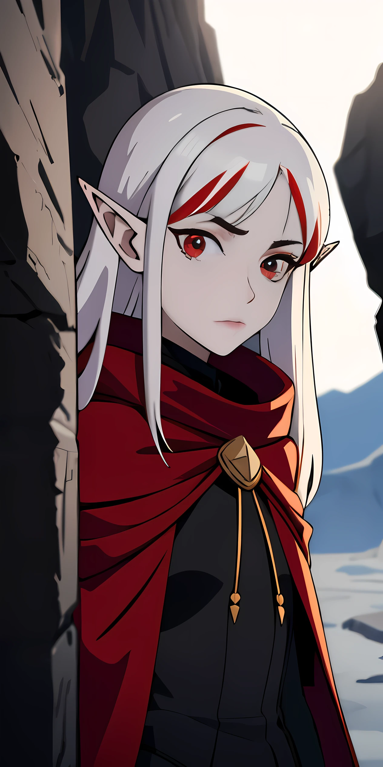 Masterpiece, 8k , best quality, dramatic lighting, 1 teenage girl , thin, white skin, white and red multicolored hair, long hair,  elf ears, red eyes, lizard eyes, red eyeliner, intense eyes, eye focus, detailed eyes, looking at viewer, (black clothing), stealthy, dark red hooded cape, wearing rags, darkness, hiding among rocks