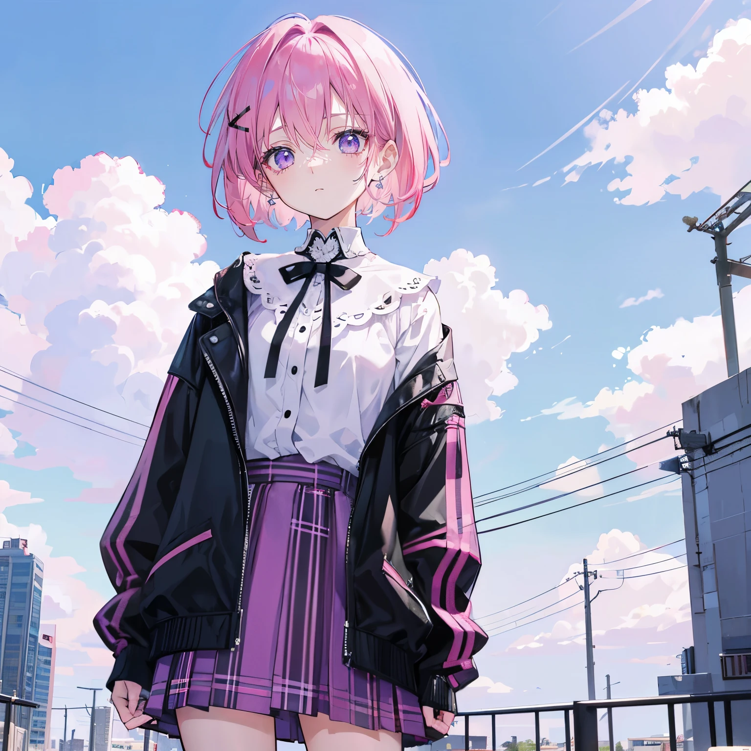 pink hair,purple eyes,short hair,sister head,earring ,Black hairpin, Jk,Plaid skirt,The background is blue sky and white clouds