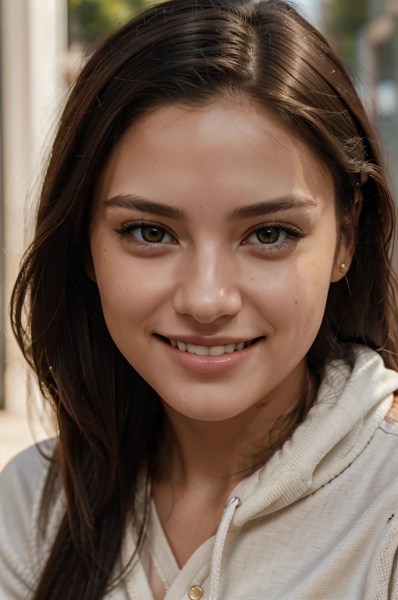 closeup portrait of girl with a cute smile, (realistic, photorealistic), rich colors, depth of field, wearing a sweatshirt, detailed skin pores, hyper-realistic skin, intricate details, (best quality, 8k, highres, masterpiece), sharp focus, natural lighting, f2, 35mm, film grain, black hair, long hair, undercut, hair combed to one side, attractive girl, smile, happy, amber eyes,