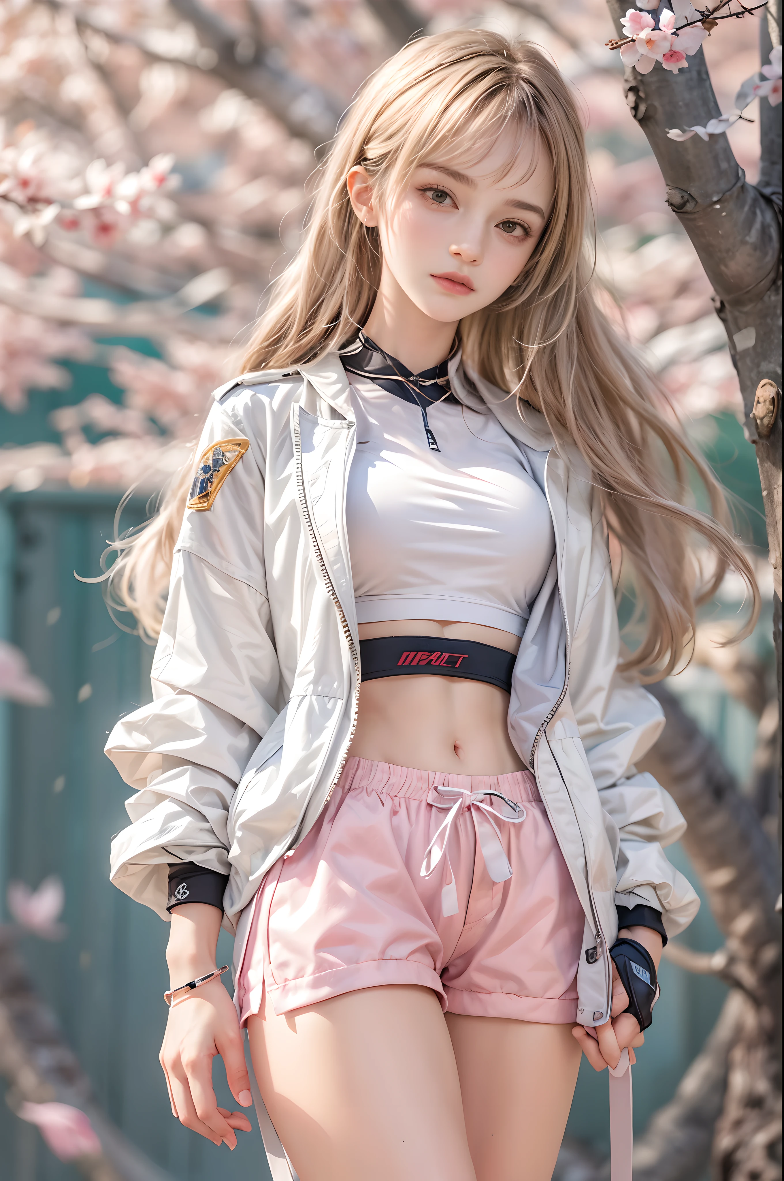 masterpiece, best quality, high quality, High definition, High quality texture, High quality shadow, high detail, beautiful detailed, finely detailed, extremely detailed cg, detailed texture, a realistic representation of the face, realistic, colorful, delicate, sharp focus, (intricate details, makeup, PureErosFace_V1:0.5), (detailed beautiful delicate face, detailed beautiful delicate eyes, a face of perfect proportion, high detailed skin, detailed skin, best ratio four finger and one thumb, skiny and thin:1.3), 1girl, , tall, (smooth_abs:1.55), (abs:0.5), pretty, masterpiece, highres, (long_skinny_legs), (straight_legs), (skinny_waist), (((fair skin))), white skin, (((pale skin))), pink sports Bandeau, (school_uniform:swim_suits:0.5), white shorts, standing legs apart, looking at viewer, pink sports shoes, glasses, (Emma_watson), big_breast, (((Caucasian))), Light blonde hair, pink and white, sakura leaves