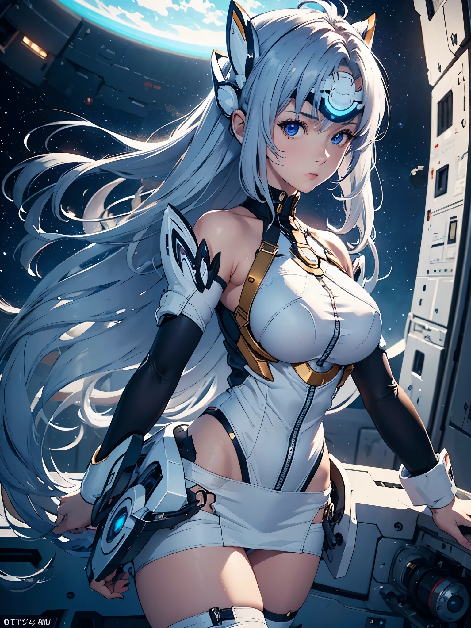 (masterpiece:1.3), (8K、photorealistic, Raw photo, best quality:1.4), (solo), one girl, (((kos-mos))), beautiful face, Beautiful face with perfect symmetry, cute face, (beautiful light blue long hair), With bangs, There is a visor on the forehead, beautiful purple eyes, perfect anatomy, (high detail skin: 1.2), natural breast, beautiful thighs, Natural buttocks, white costume, mini skirt, costume with open chest, Stars and planets can be seen in outer space, standing on the deck of a spaceship, perfect lighting, focus only, perfect anatomy,Front view,