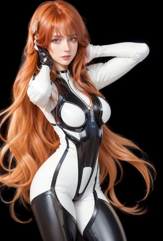 a beautiful light-skinned woman in white and black pilot's clothing, with long red hair and light eyes. science fiction woman. cyber suit. 8K photo, realistic full body shot, detailed features, professional, warm lighting.